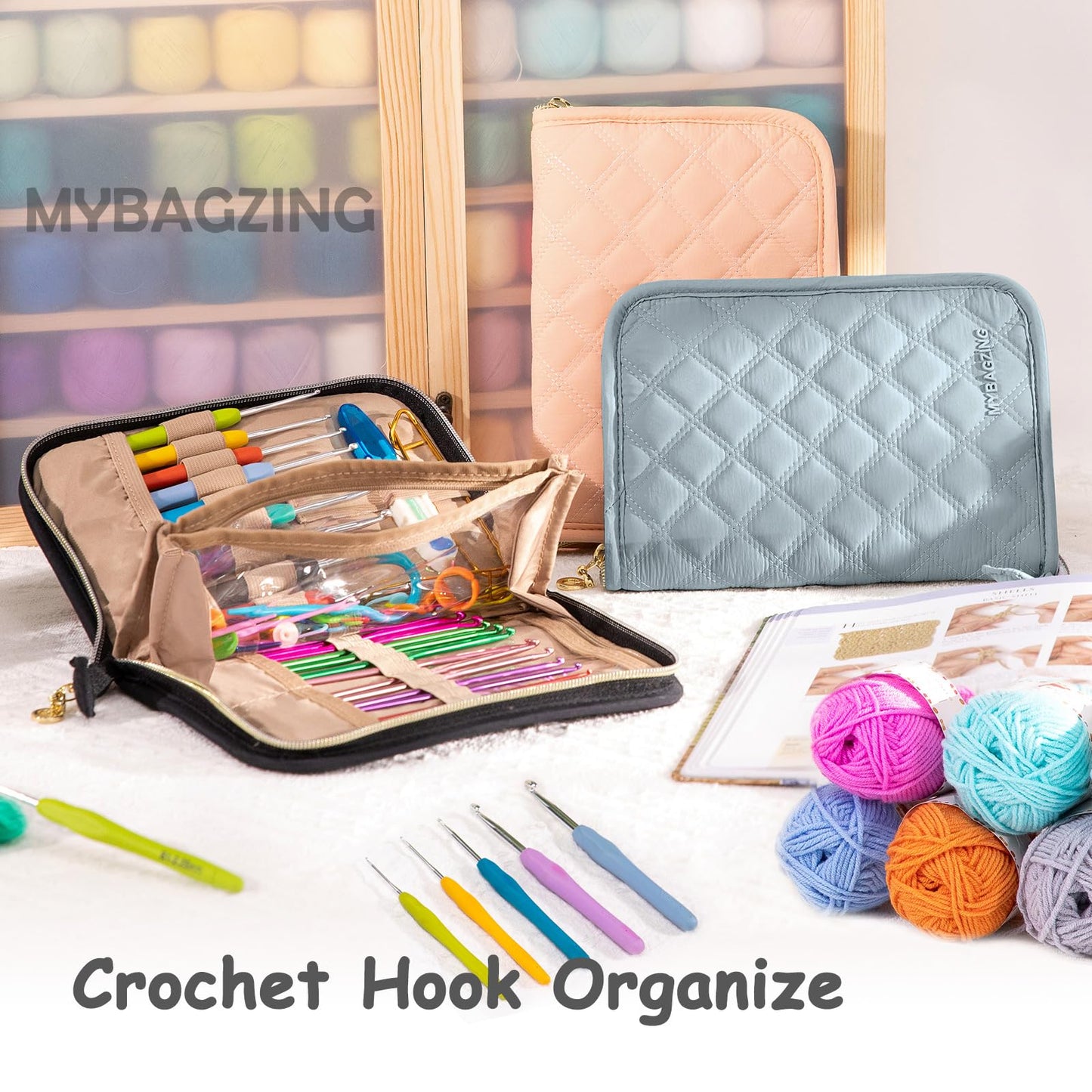 MYBAGZING Crochet Hook Set with Storage Case – 14 Ergonomic Crochet Hooks(2mm(B)-10mm(N), 10 Stitch Markers, Crochet Organizer for Crochet Needles, Accessories, and Supplies