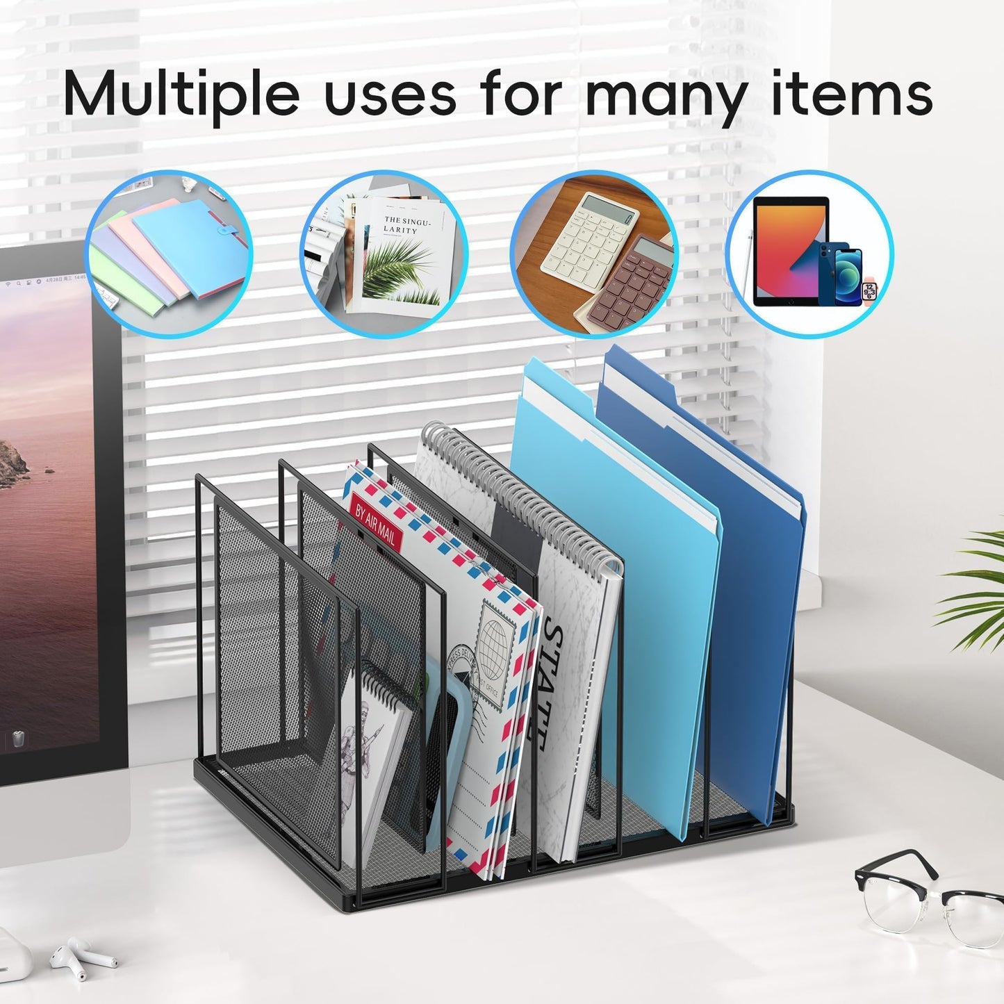 JMHUD File Organizer for Desk, 5-Section Vertical File Sorter, Paper Holder Organizer Standing Metal File Folder for Office Home Classroom, Black