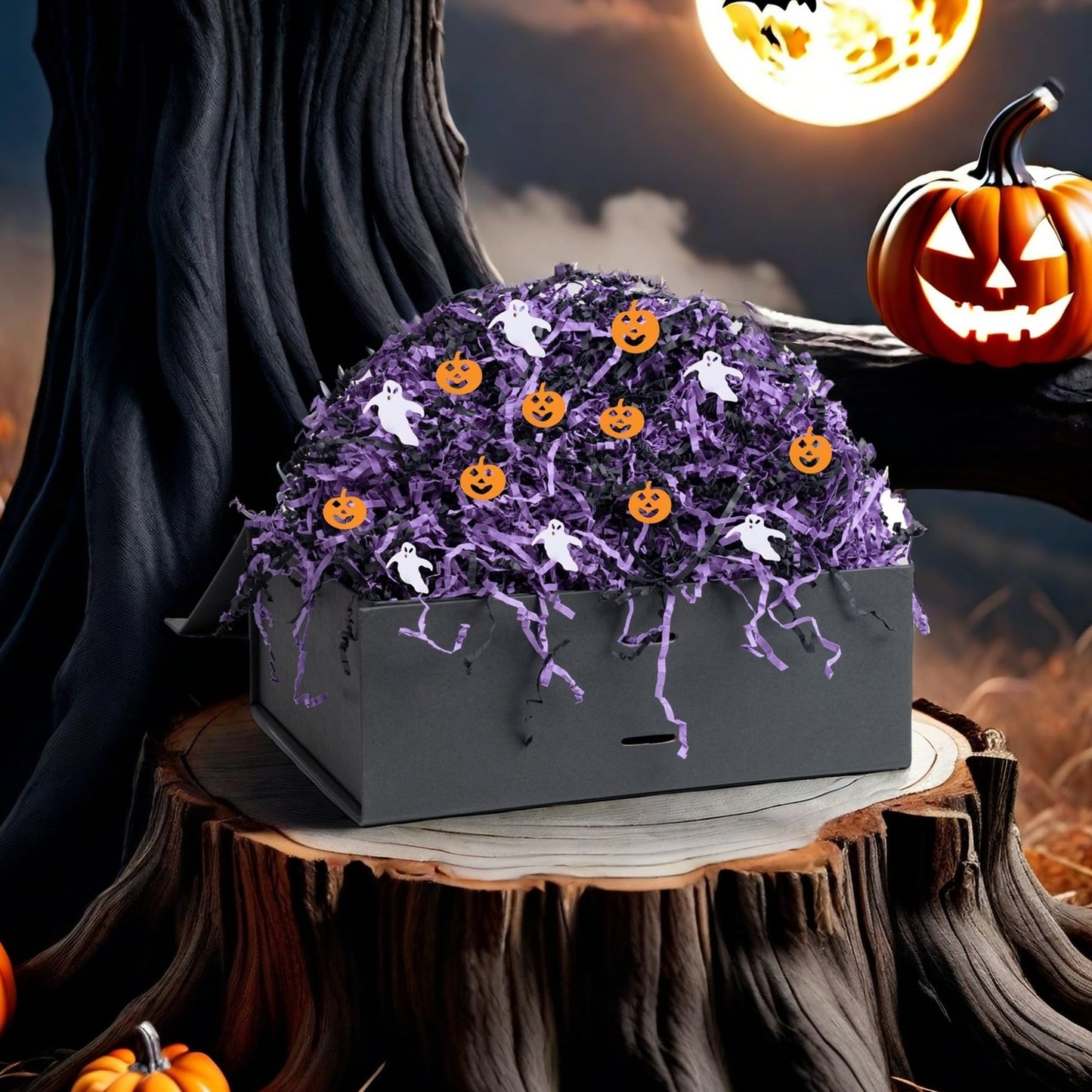 SWANGSA 3 LB Black Purple Halloween Crinkle Cut Paper Shred Filler with Pumpkins & Ghosts Confetti for Gift Baskets, Shreded Stuffing, Packing Grass Cushion Paper Streamer for Halloween, Birthday Gift