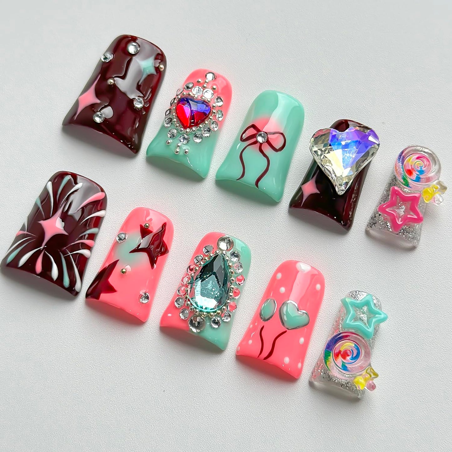 Luxury Press on Nails Short Duck Handmade 3D Unique Reusable ABS Material Fake Nails Pink Cute False Nails with Designs Rhinestones Stars Lollipop Glossy Glue on Nail Thick Acrylic Nail(M)