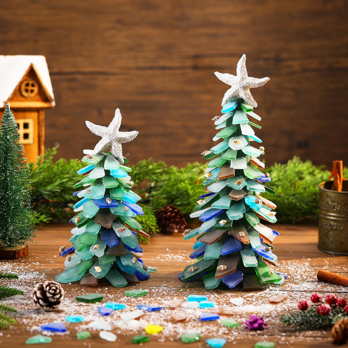 Innconee 2 Pack DIY Sea Glass Christmas Tree Handmade Kit Tabletop Shells Beach Christmas Trees Handcrafted Coastal Xmas Decor for Ocean Birthday Party Table Centerpiece (9.45'' X 3.15'')