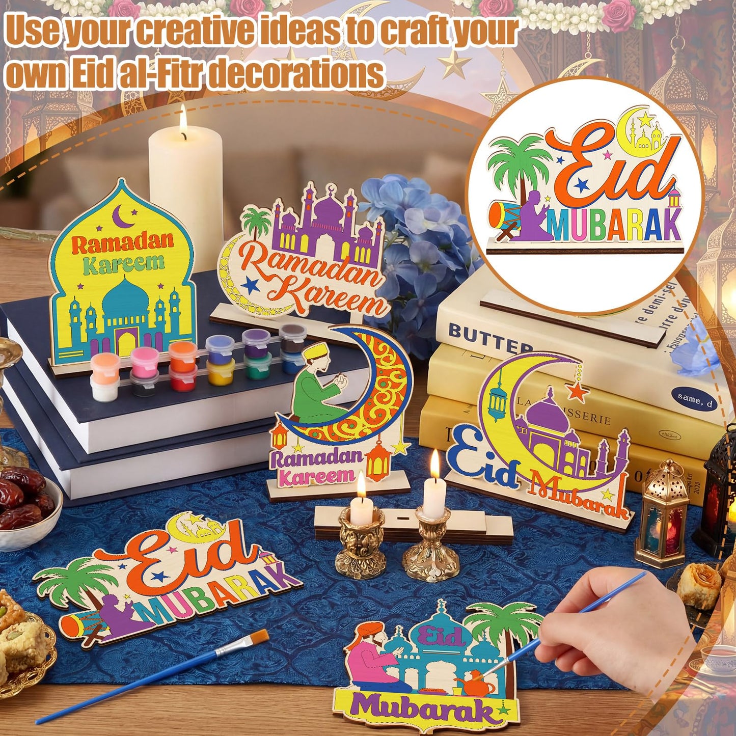 DoubleFill 16 Pcs Wooden Islamic Crafts, DIY Mubarak Tabletop Signs with Paint Strips and Brushes, Paint Your Own Muslim School Classroom Art Activity Kit for Mosque Party Home Decor, Back to School