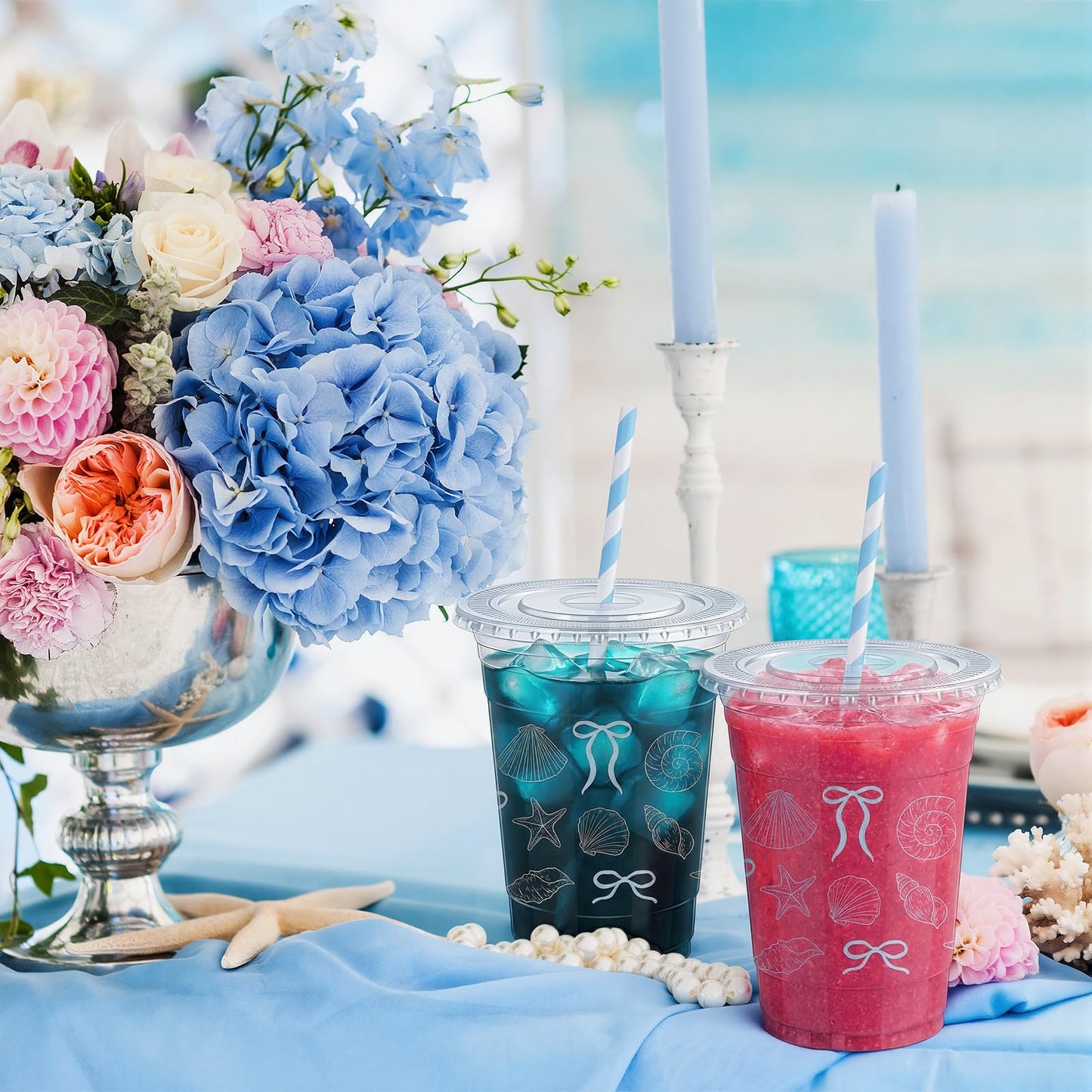 Sliner 25 Pcs 16 oz Coquette Disposable Plastic Cups with Straw for Party Supplies Bow Cups Birthday Wedding Bridal Engagement Party Drinkware Baby Shower Decoration (Blue Bow Starfish and Seashell)