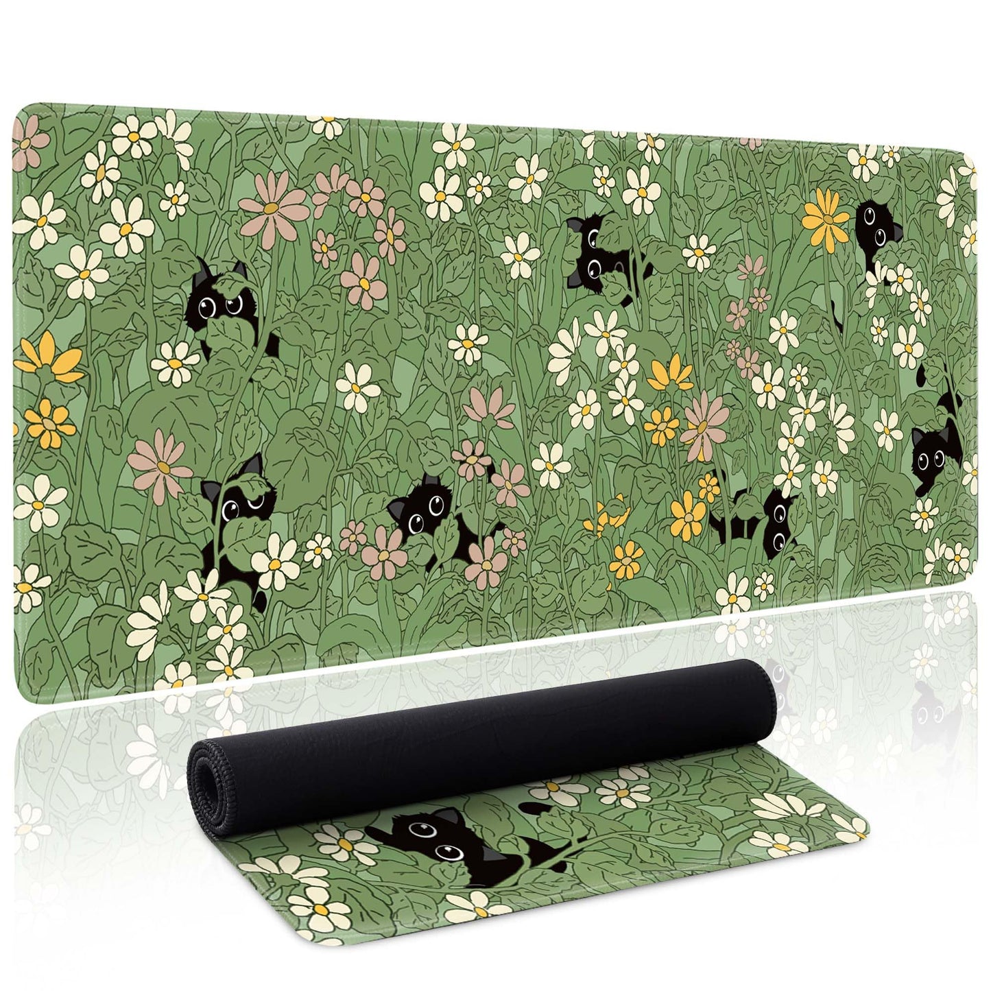 Cute Cat Mouse Pad Large Green Desk Mat Extended Keyboard Mouse Pad Kawaii Mousepad with Non-Slip Base and Stitched Edge Plant Mouse Mat Desk Pad 31.5 x 11.8 in Mouse Pads for Decor Home Office Gaming