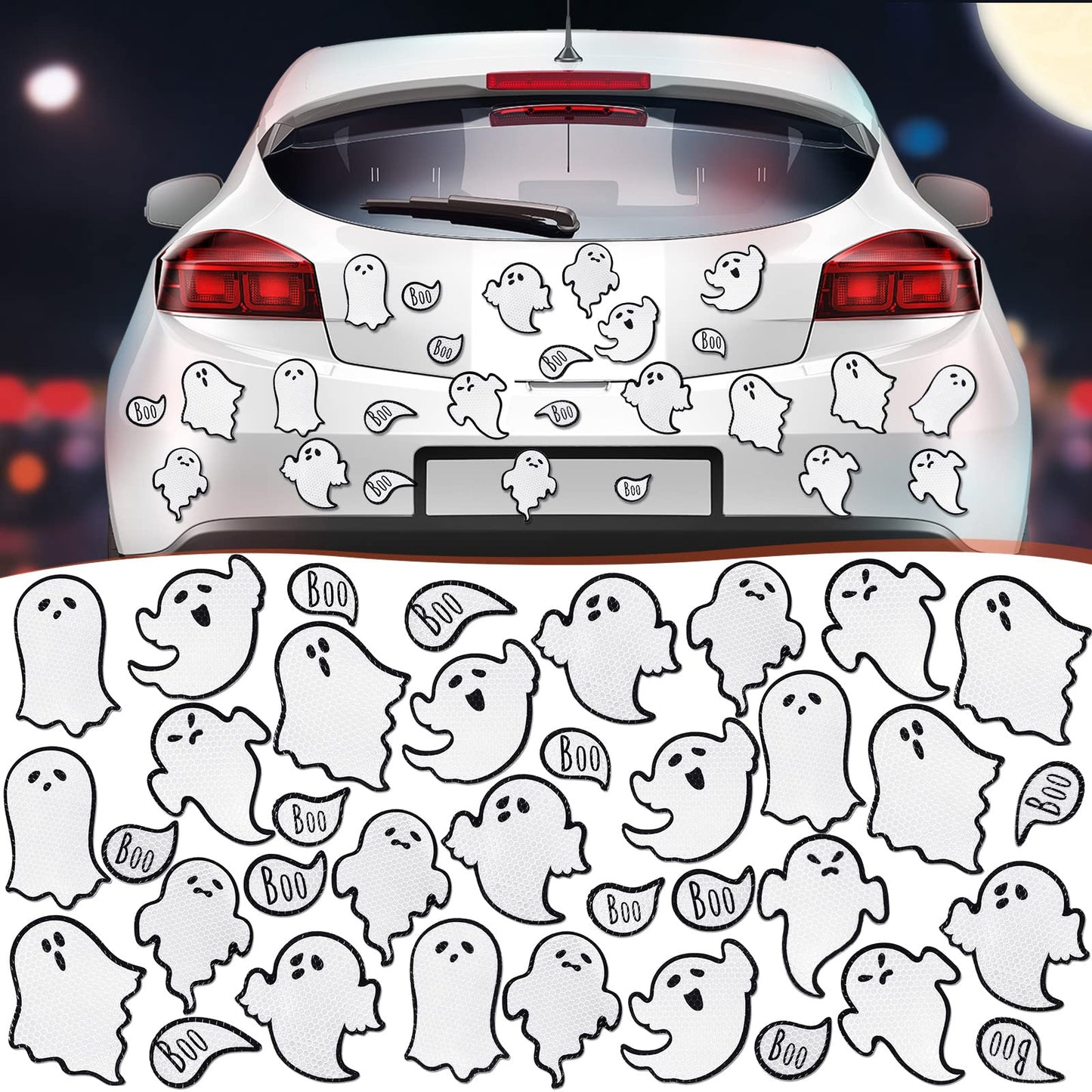 Chinco 36 Pcs Halloween Ghost Car Magnets Reflective Ghost Boo Refrigerator Automotive Magnet Stickers Cute Holiday Fridge Garage Door Decorations Holiday Waterproof Magnetic Decals