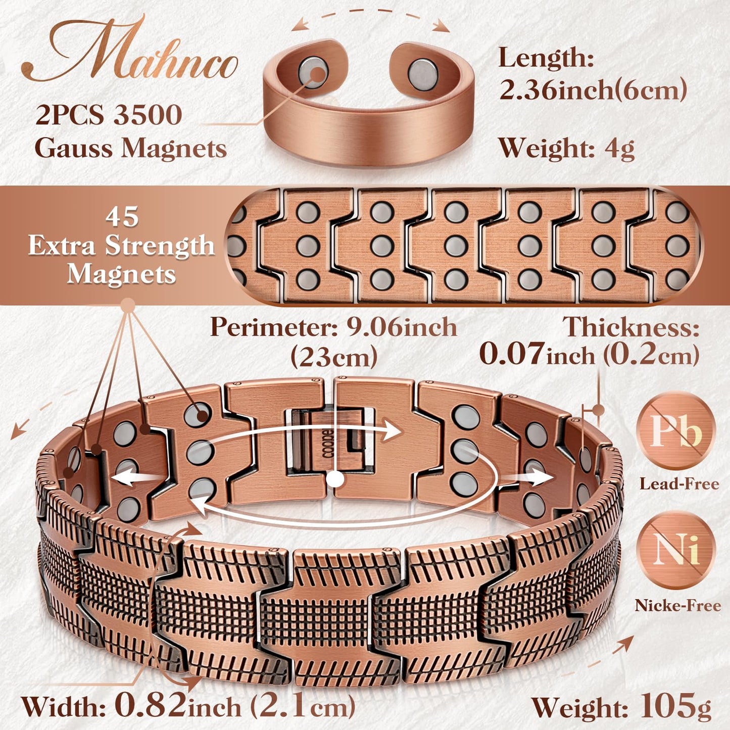 Mahnco Copper Bracelet for Men, 3X Ultra Strength 99.99% Pure Copper Magnetic Bracelets with Magnets,Magnetic Jewelry with Adjustable Sizing Tool