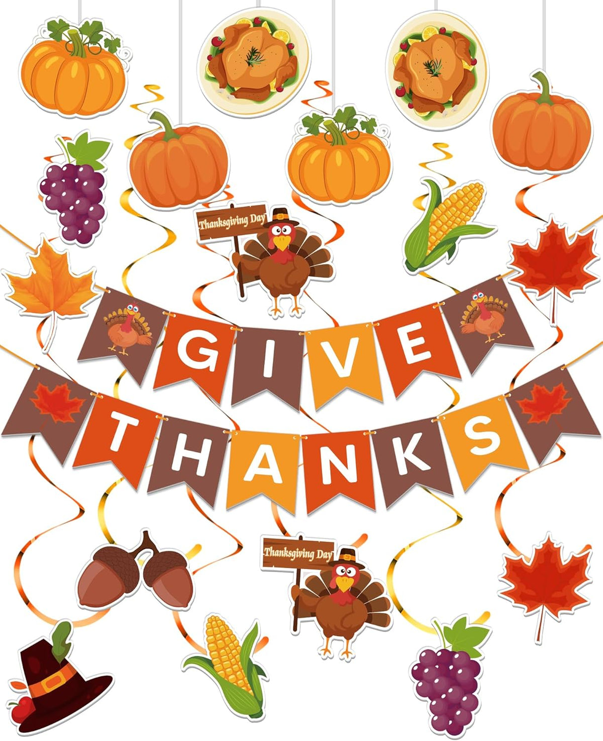 45 Pcs Thanksgiving Decorations, GIVE THANKS Banner with Hanging Swirls for Indoor Wall, Friendsgiving Decorations for Party Office Home Classroom