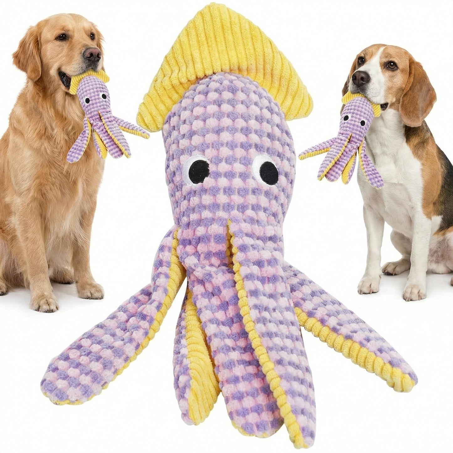 Paw-FECT Piece Soft Plush Squid Dog Toy, with Interactive Squeaker, Crinkle Legs and Fin, Great Companion and Emotional Support Durable Chew Toy, Breeds and Size Dogs