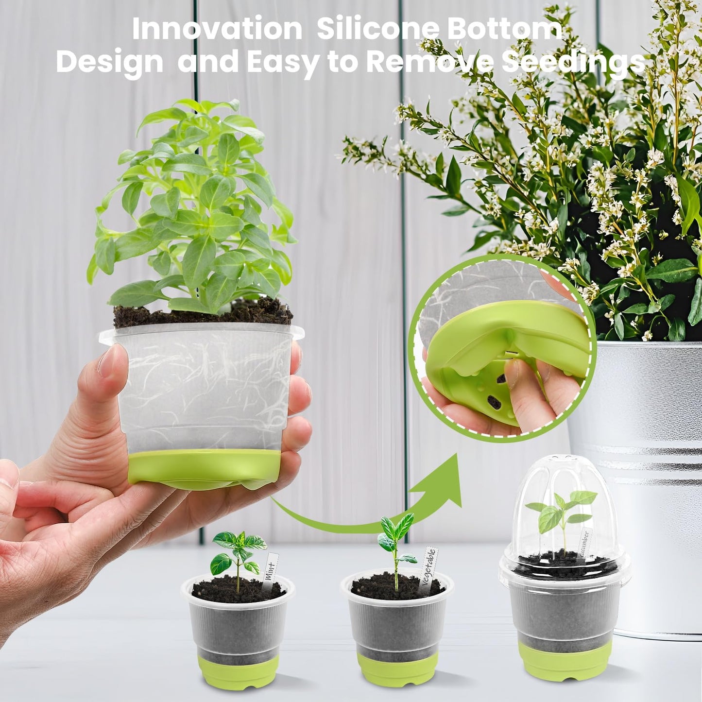 Sckee Clear Nursery Pots for Plants, 30 Packs Plastic Seed Starting Pots with Drainage Holes Plant Nursery Pots Silicone Base (Light Green, 4 inch with lids)