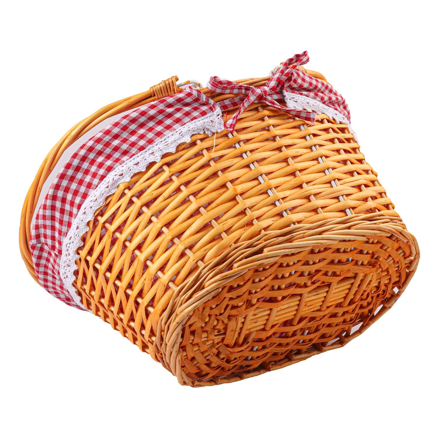 Geytetqi 1 Pack 14.2 Inch Natural Wicker Basket with Checkered Lining, Oval Wicker Woven Basket with Handle, Willow Woven Picnic Baskets for Picnic, Camping, Party(Large)