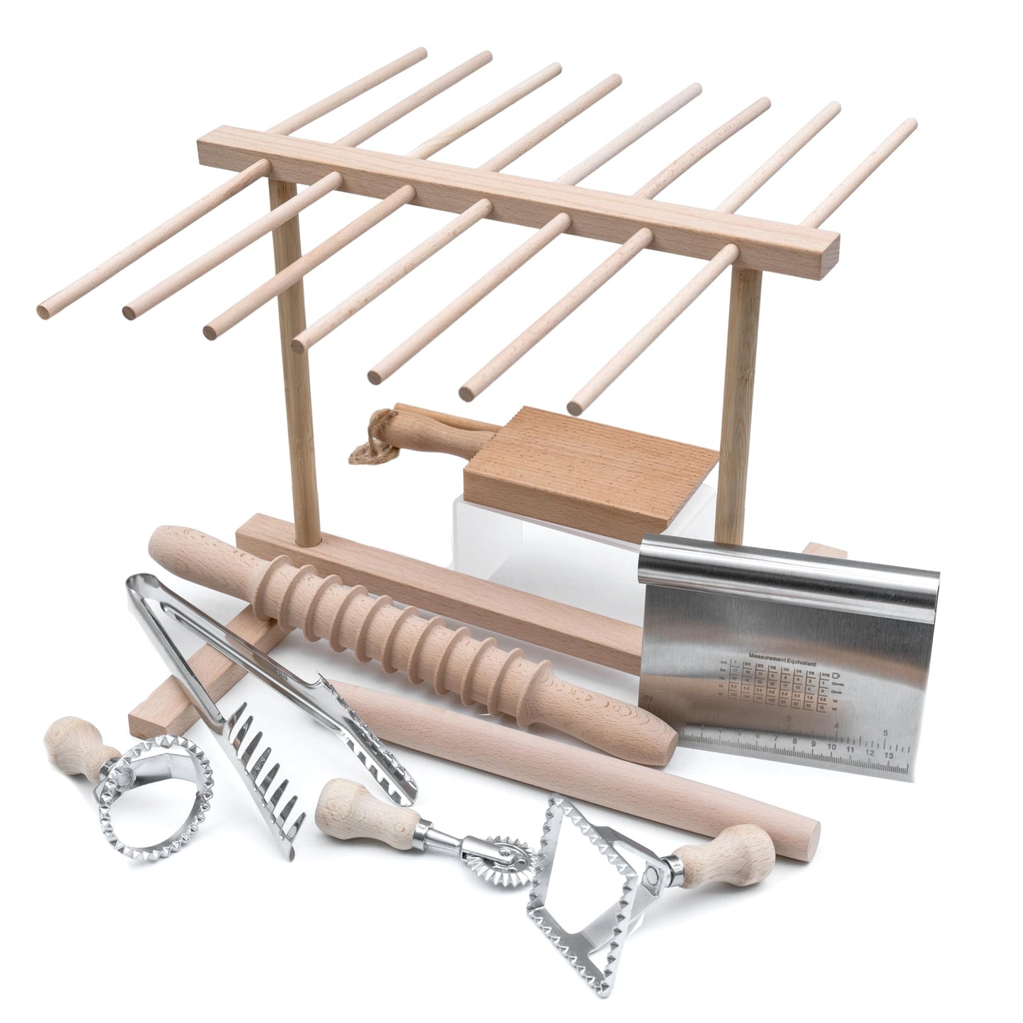 Ultimate 9 Pcs Pasta Making Tool Set Pasta Drying Rack, Pasta Tongs, Two Ravioli Stamp Maker Cutter And Roller Wheel Set, Two Pasta Rolling Pins, Gnocchi Board and Scraper By Cotswold Homeware Co