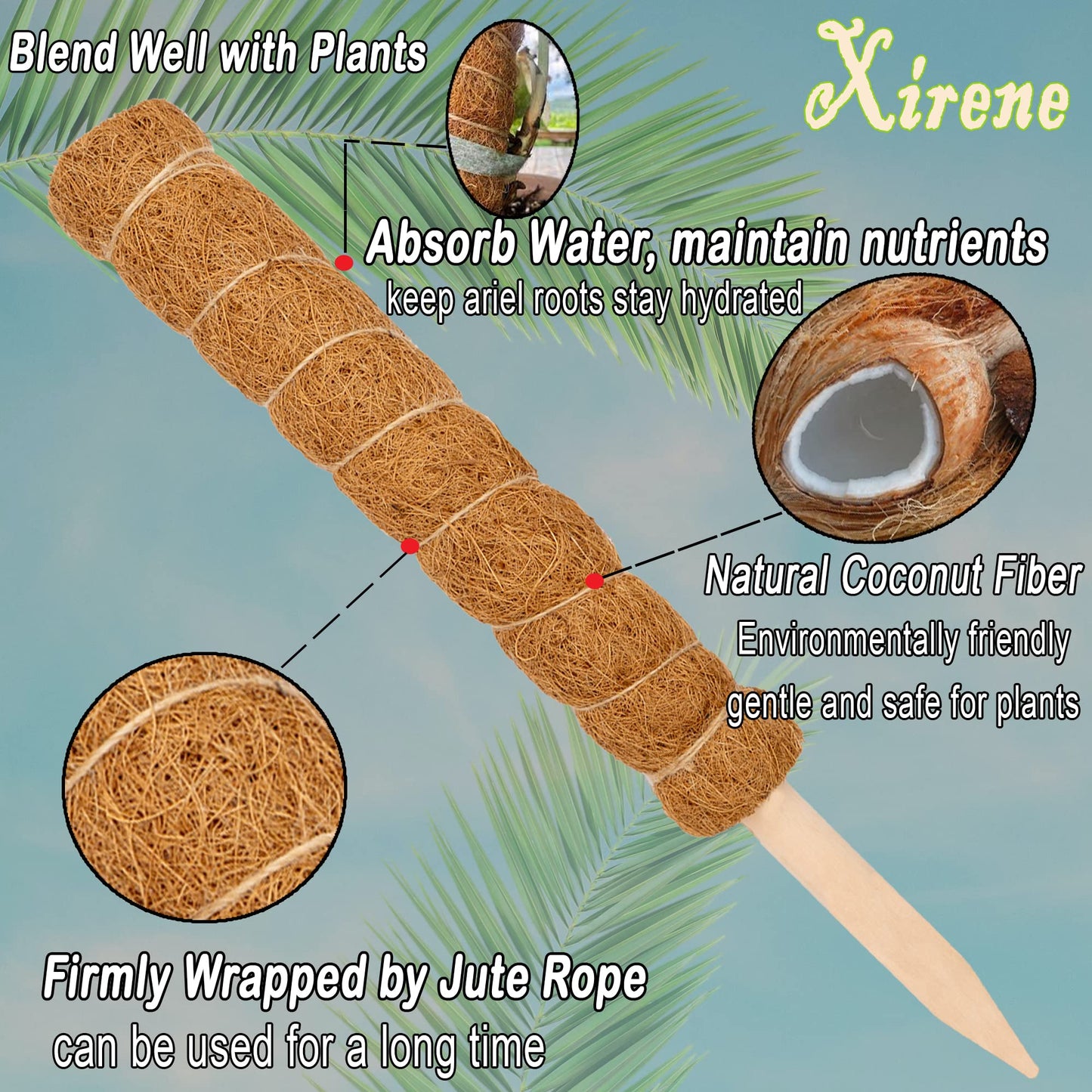 XIRENE 4 Pcs Moss Pole Extending to 51.1 Inches for Plants Monstera, Coco Coir Moss Sticks for Indoor Plants Support Stakes for Climbing Plants Grow Upward with Jute Rope, Tool Set and Hook-Loop Strip