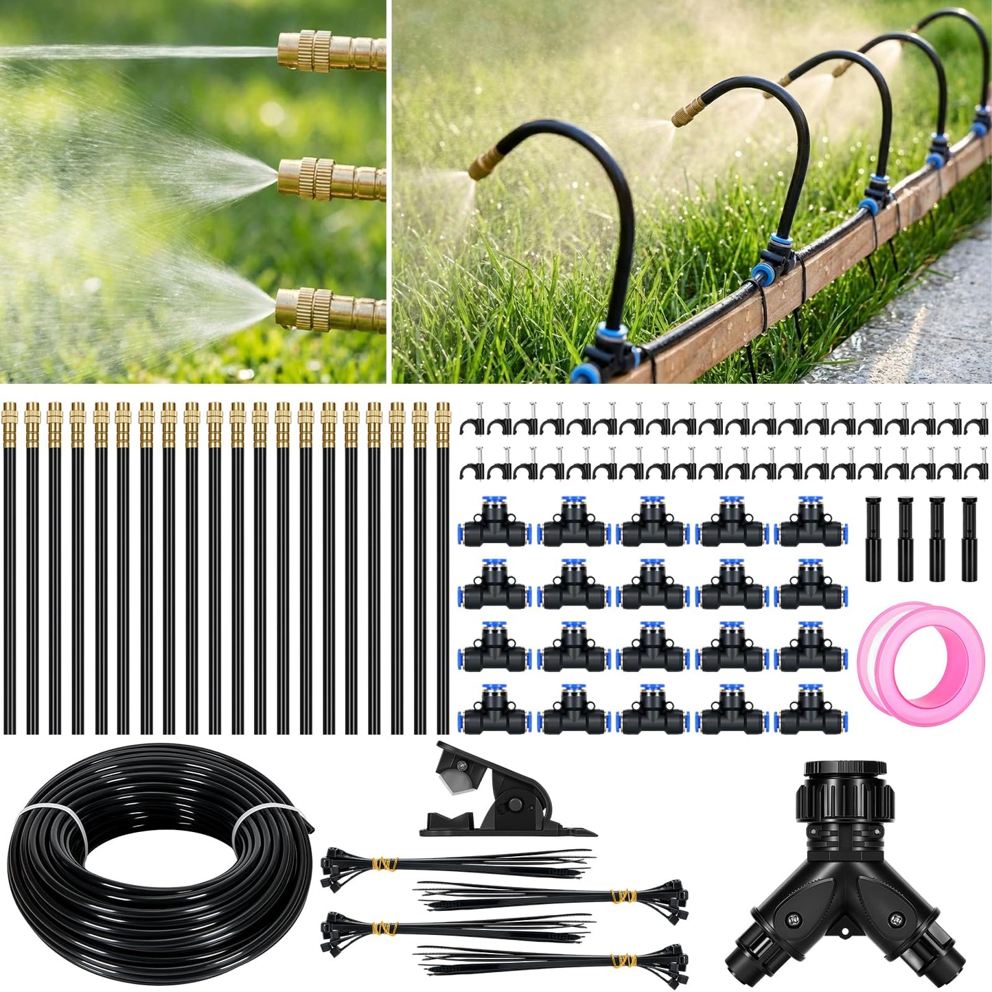 100Ft 360° Adjustable Drip Irrigation System Kit, 1/4 Inch PE Tubing with 20 Bendable Nozzles, Automatic Garden Watering System for Greenhouse, Lawn, Raised Bed, Flower Bed
