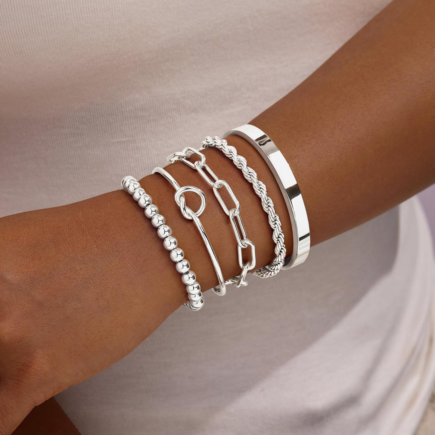 Gokeey Silver Cuff Bracelets for Women,Dainty Silver Bangles Bracelets Set for Women, Paperclip Link Chain Rope Beaded Tie Knot Bracelets Stack Chunky Jewelry