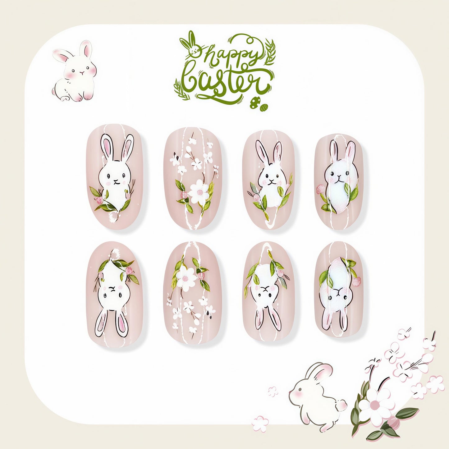 Spring Summer Easter Press on Nails Short Round Fake Nails Cute rabbit False Nails Summer Flowers Rabbit Acrylic Stick on for Women Girls Easter Manicure Decoration 24Pcs
