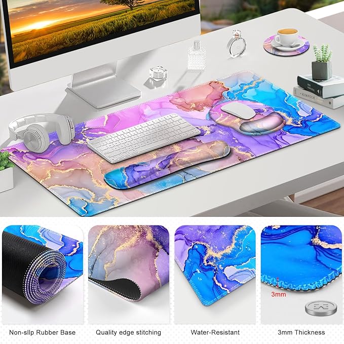 Gaming Mouse Pad, Large Desk Mat, Cute Desk Pad Protector, 4in1 XXL Mousepad + Keyboard Wrist Rest+Mouse Wrist Rest+Coaster Set with Ergonomic Desk Pad for Home Office PC Computer, Colorful Marble