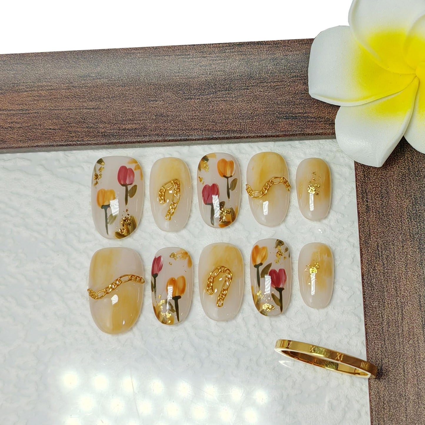Short/Medium Oval Nails Handmade Glitter Press on Nails with Designs, Cat Eye/Aurora Women Reusable False Nails (Orange Tulip#Small)