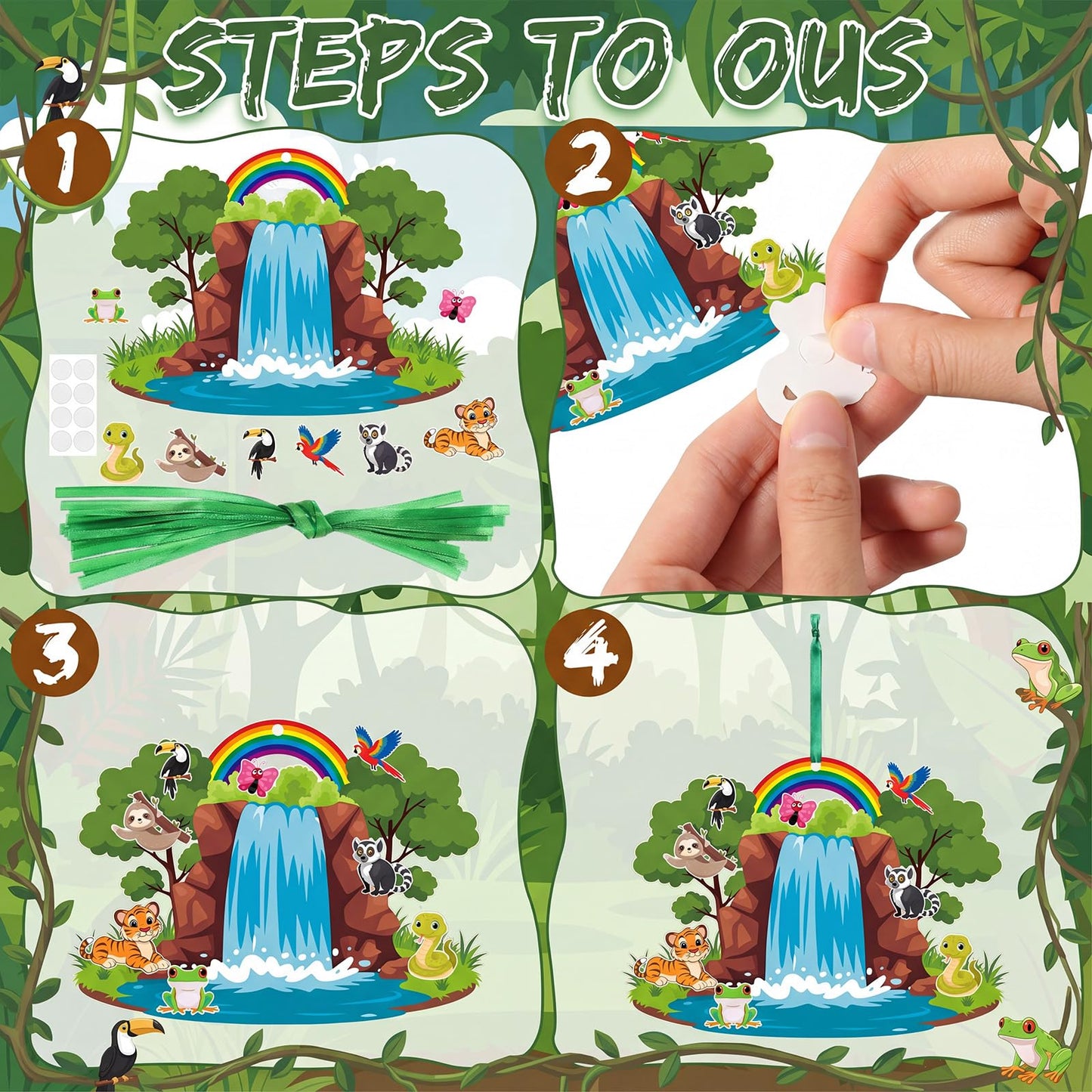 MotiMind 96 Pack Rainforest Fall Animal Craft Kits for Vbs 7.87 Inch Jungle Waterfall Rainbow Scene with Animal Stickers Rainforest Falls Craft Set for Sunday School Church DIY Hanging Decoration