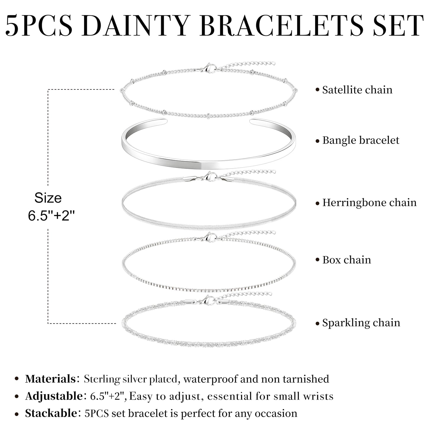 Dainty Silver Bracelets for Women, Silver Plated Stackable Thin Bracelet Set Box Link, Paperclip, Herringbone, Sparkling Chain, Bangle Cuff, Adjustable Minimalist Waterproof Jewelry Gifts for Women