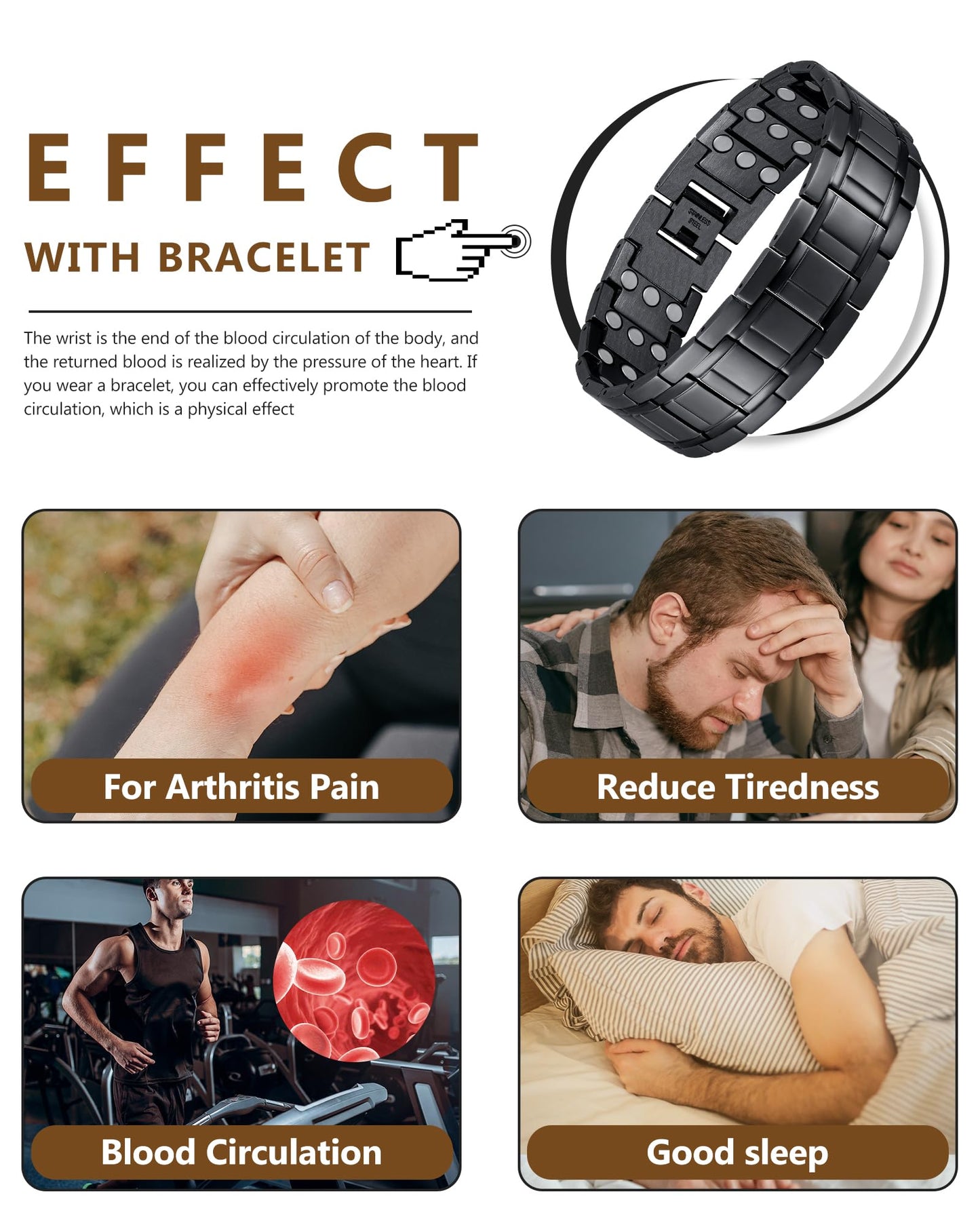 Feraco 3X Magnetic Bracelets for Men Titanium Steel Magnetic Bracelet with 3 Rows Magnets (Black)