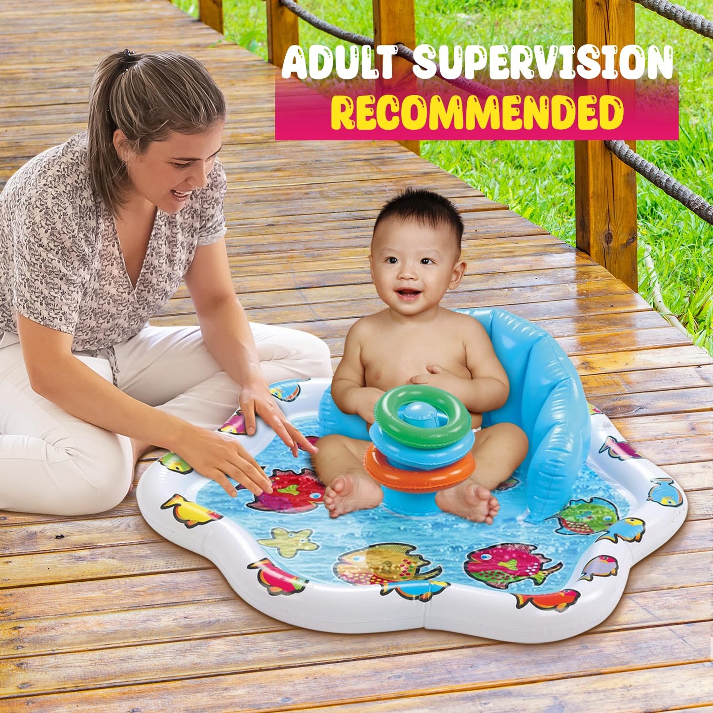 Bundaloo Baby Splash Pad with Inflatable Backrest and Stackable Ring Toys – Sensory Water Play Mat for Infants and Toddlers – Summer Outdoor Fun