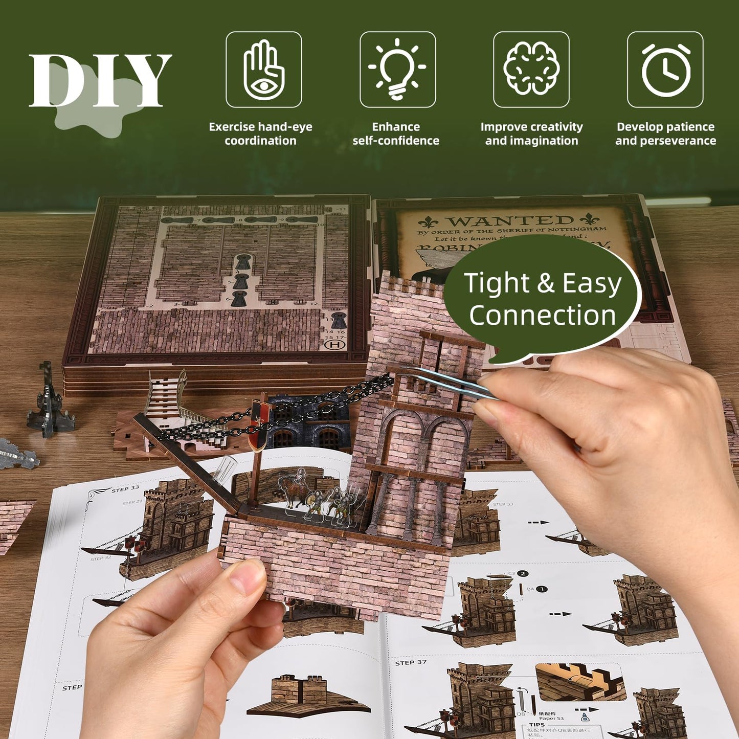 MiniCity DIY Book Nook Kit - The Castle's Escape 3D Miniature Wooden Scene with LED Lights, Dustcover & Tools for Shelf Decor (Robin Hood)