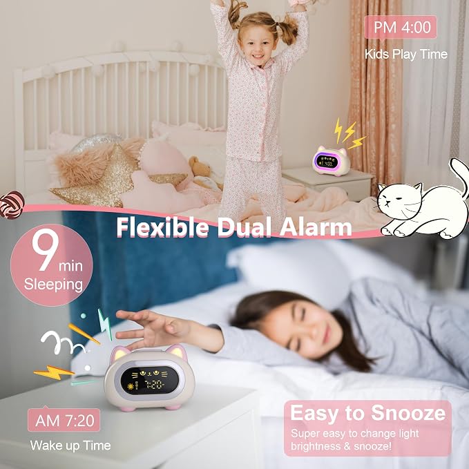 ANALOI Alarm Clock for Kids, Kids Alarm Clocks for Girls with Sleep Training Dual Alarm Eye Protection Auto Off Timer 10 Color Night Light, Cat Ok to Wake Clock, Gifts for Kids Girls