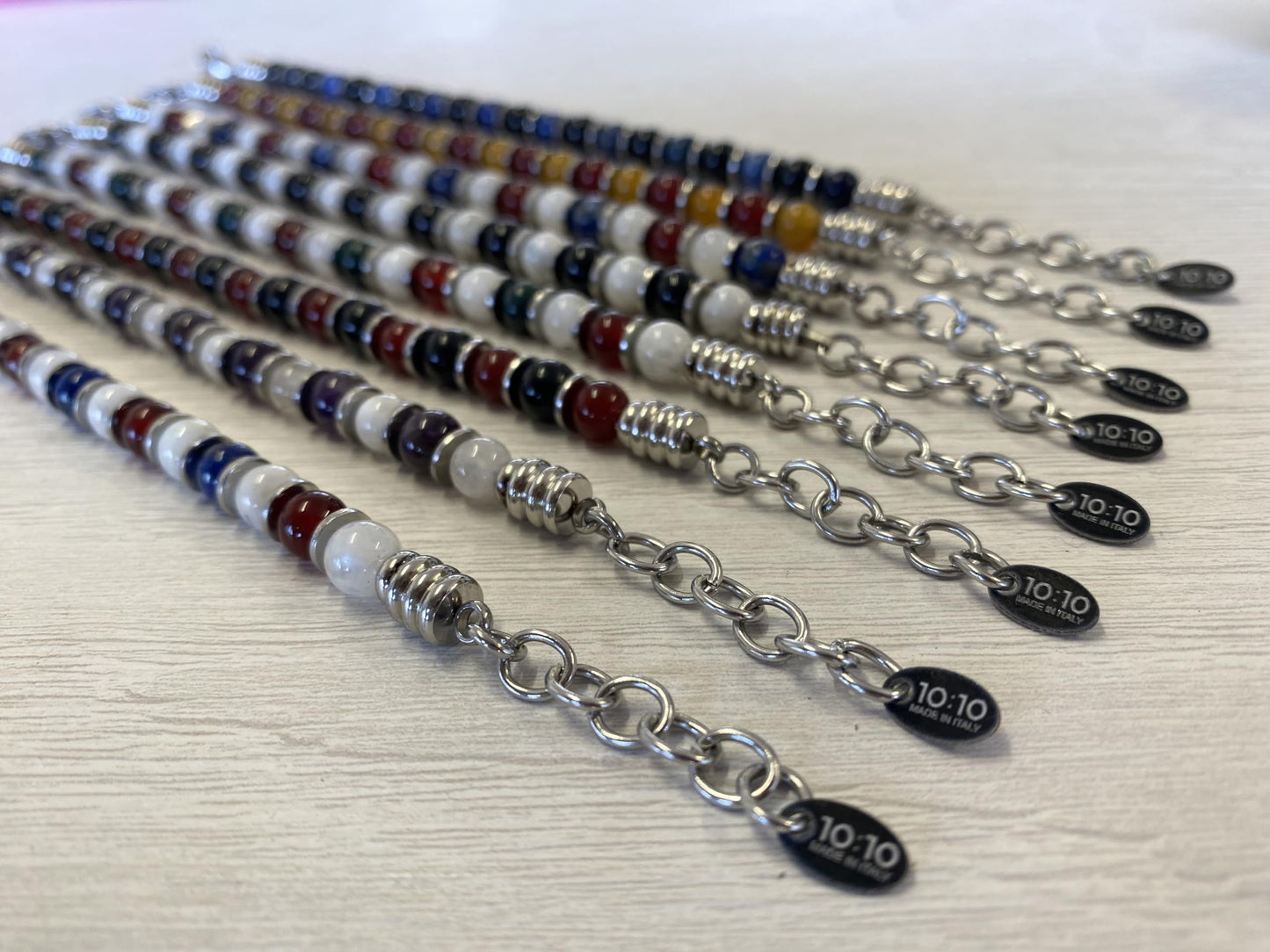 10:10 Beaded Bracelet for Men and Women – Natural Gemstone and Stainless Steel – Adjustable, Durable and Elegant – Made in Italy - Carnelian - Moonstone - Lapis Lazuli