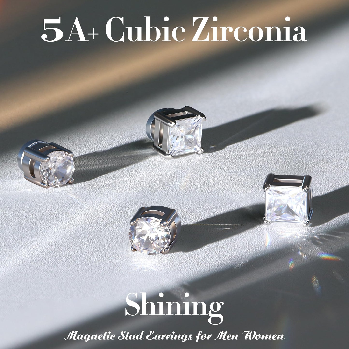 Jstyle 2 Pairs Stainless Steel Magnetic Stud Earrings for Men Women Non-piercing CZ Hypoallergenic 5-8MM