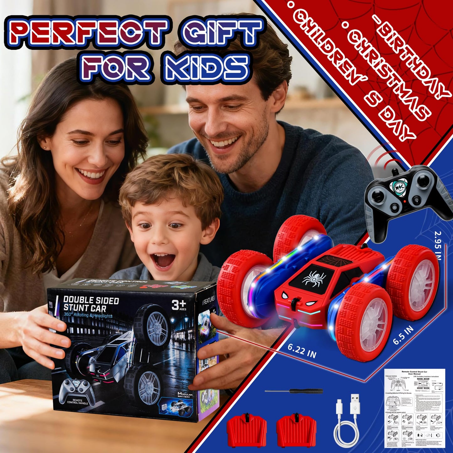 SANGQAOFU Spider Remote Control Car 4WD 360° Flips RC Stunt Car Toys Cyber-Inspired Double-Sided Drift Rc Cars with LED Lights 2 Rechargeable Charge Battery Modules Toys and Gift for Boys Age 3-12