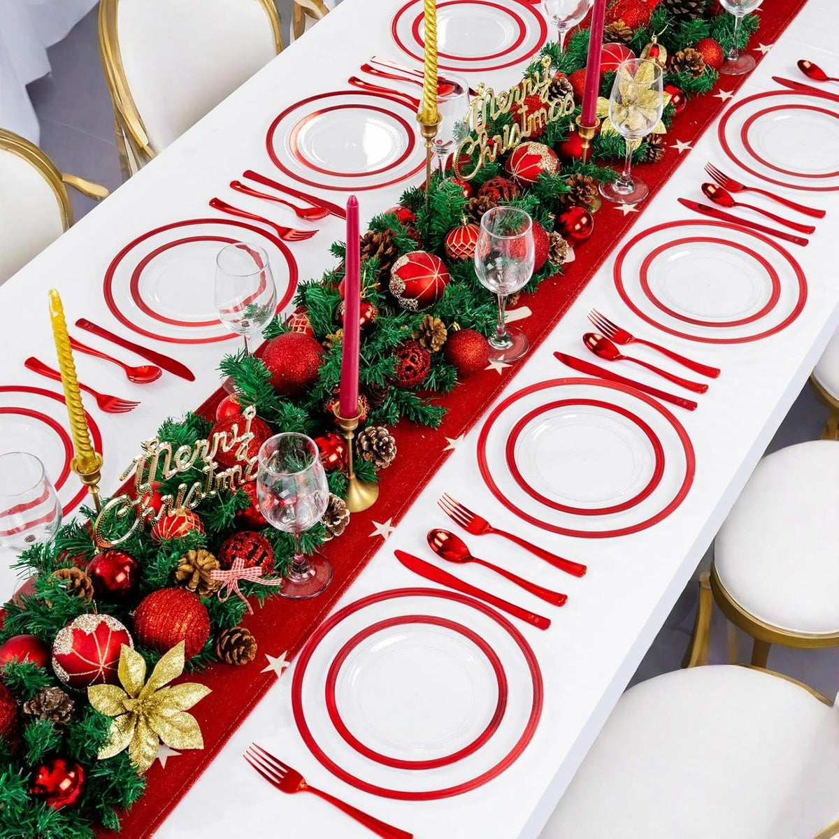 U-QE 200PCS Red Plastic Plates - Clear Red Plastic Plates Disposable Heavy Duty - Include 100 10" Dinner and 100 7" Dessert Platos for Party