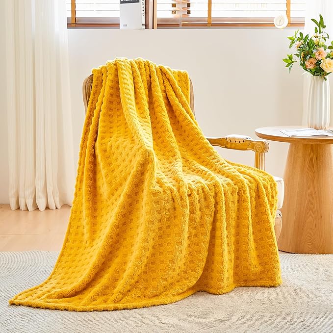 NEWCOSPLAY Super Soft Queen Blanket Yellow Premium Silky Flannel Fleece 3D Waffle Checkered Lightweight Bed Blanket All Season Use (Mustard Yellow, Queen(90"x90"))
