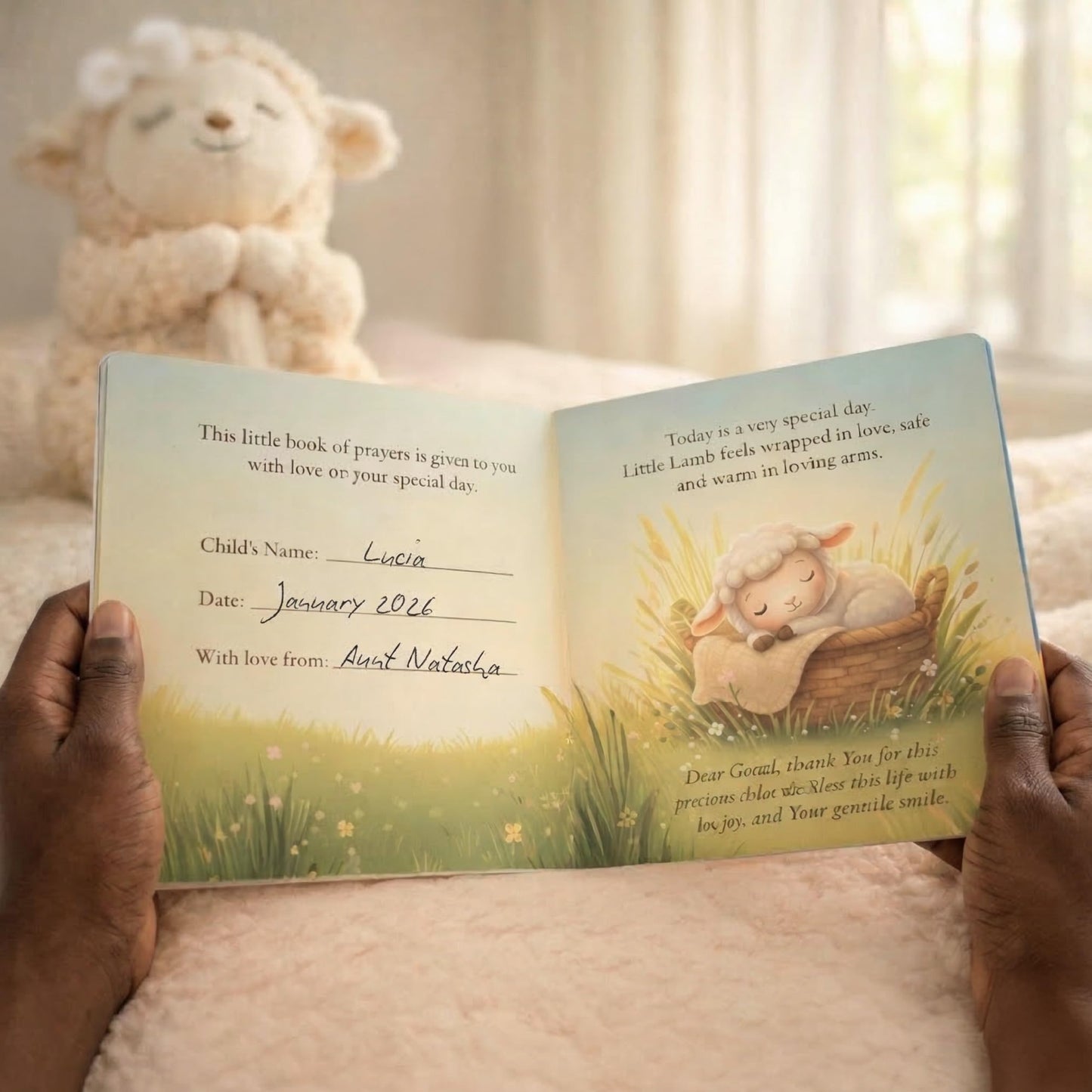 Highmark Collective Baptism Gift for Boy or Girl Baptism Set with 10" Praying Lamb Plush Toy, Bamboo Muslin Blanket & First Prayer Book, Ready to Gift Keepsake Box