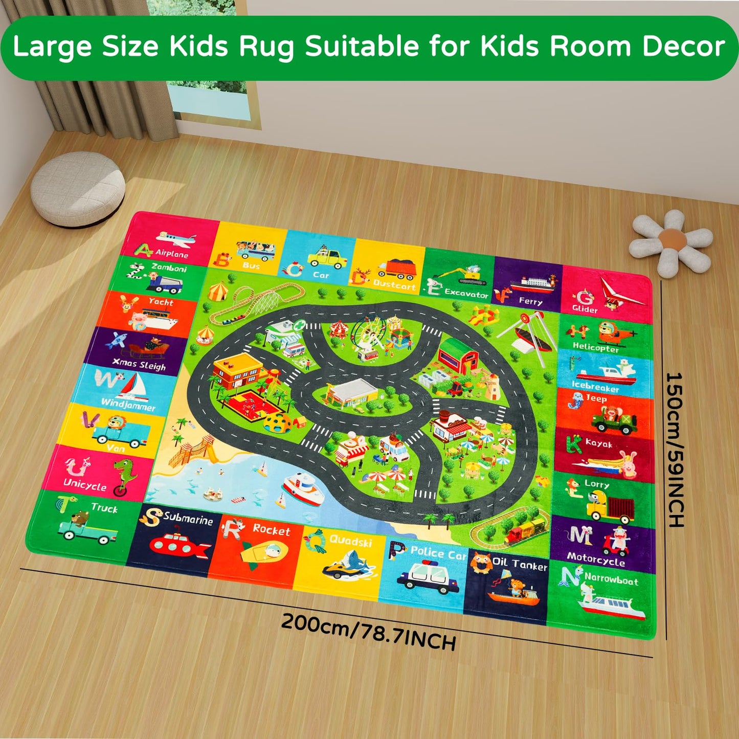AKASISRUG ABC Transportation Kids Rugs 78.7"×59" for Playroom Educational Alphabet Mat
