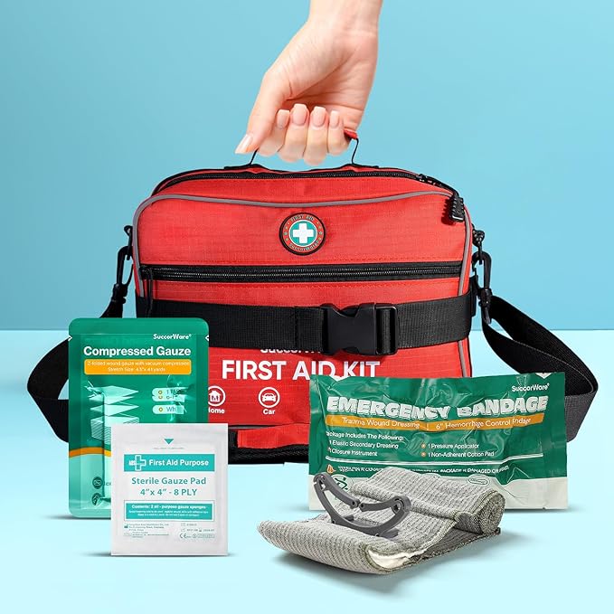 Professional 435 Pieces Large First Aid Kit - Includes Compressed Gauze - Compartments Emergency Medical Kit for Home, Camping, Backpacking, Travel, Boat, Car,Outdoors (Red)