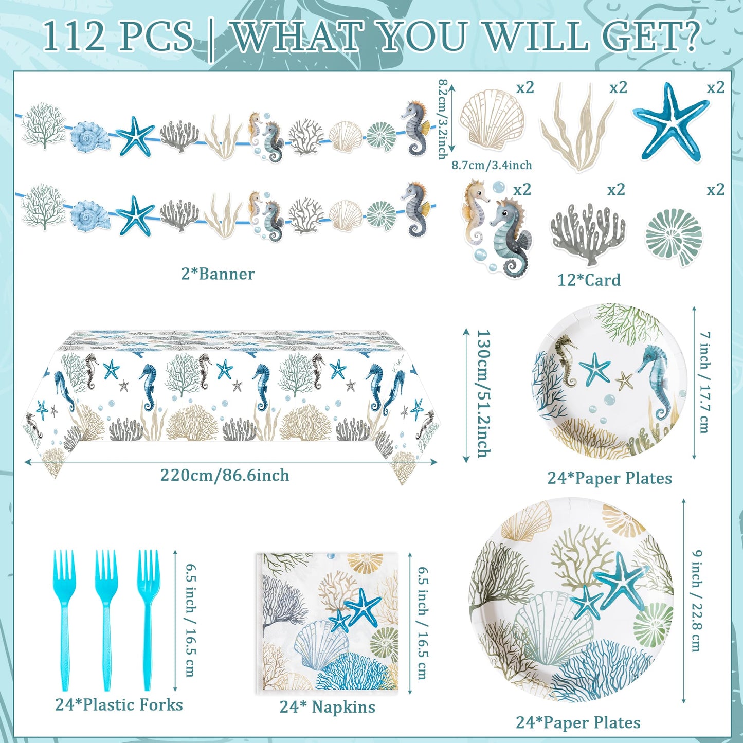 G1ngtar Ocean Seashell Party Decoration Set - Serves 24- 112Pcs Nautical Coastal Beach Summer Themed Tableware Disposable Plate Napkin Tablecloth Banner Card for Birthday Party Supplies