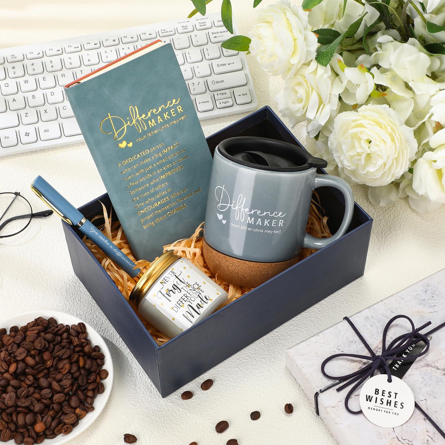 Vesici 4 Pcs Difference Maker Gift for Women Men Difference Maker Mug Notebook Candle Motivational Pen Employee Appreciation Gift for Teacher Volunteer Nurse Coworker Secretary(Dark Blue,Word)