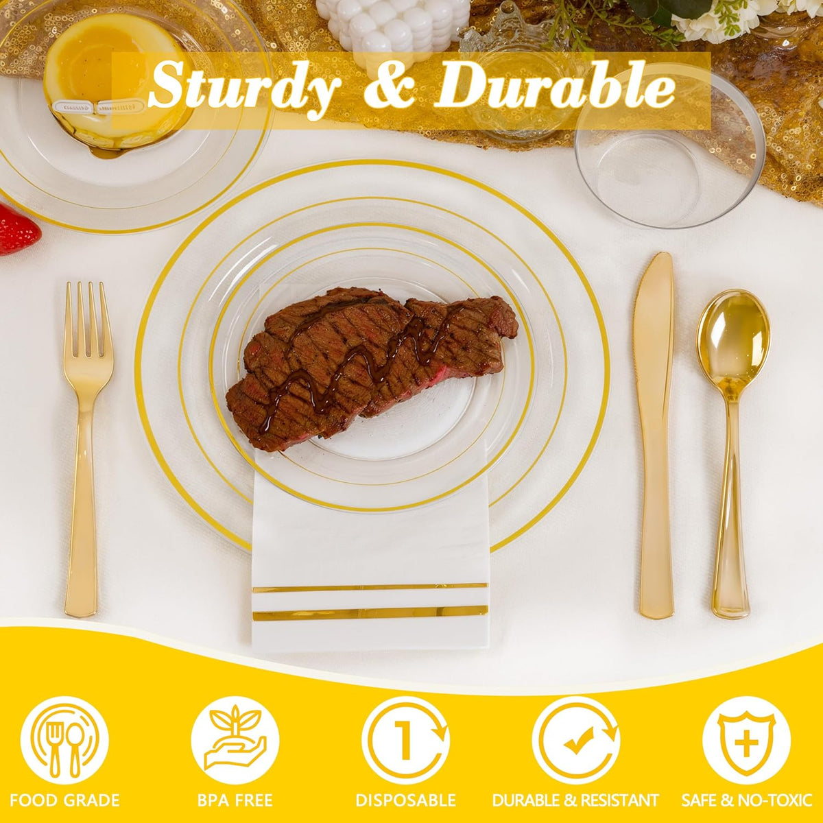 GATHER 350PCS Clear Gold Plastic Plates - Disposable Gold Dinnerware Sets Includes 100 Gold Rim Plastic Plates, 150 Silverware, 50 Napkins, 50 Cups for Party, Wedding & Birthday & Thanksgiving