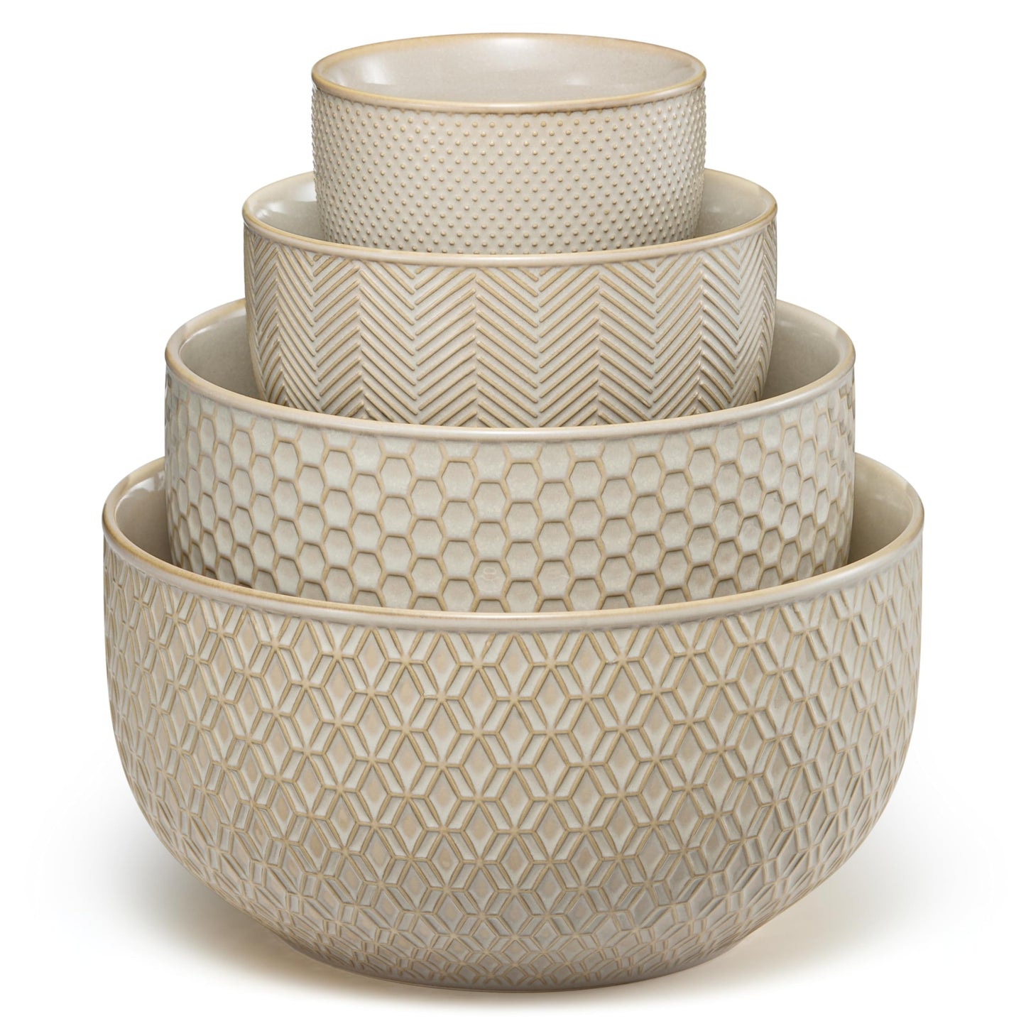 KooK Ceramic Mixing Bowls, Nesting Set of 4, Embossed Kitchen Dishware, Prep, Serving, Gift, Microwave and Dishwasher Safe, 20/44/98/145 oz, Narbonne Collection (Almond)