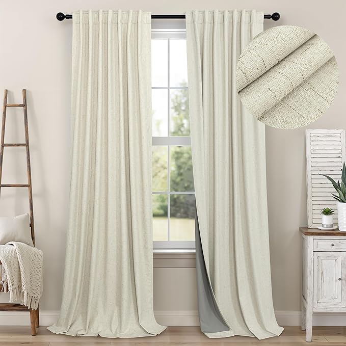 Cream Beige Blackout Curtains 90 Inches Long Thick Linen Patio Curtains for Sliding Glass Doors Cute Black Out Curtain for Nursery Bedroom Aesthetic Back Tab Pocket Pleated Drape 2 Panels 52x90 Length