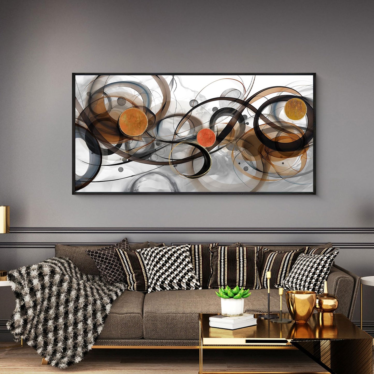 XLSJERST Black and Orange Picture Artwork - Boho Abstract Wall Art for Living Room Office Canvas Pintings Modern Minimalist Frame Wall Art 40x20 Inches