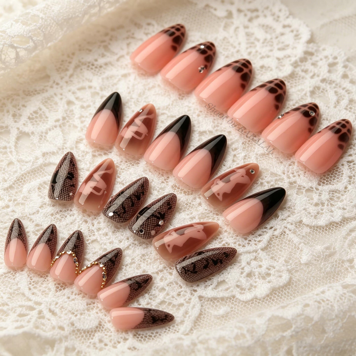 BABALAL Dark Coquette Press On Nails, Almond Fake Nails with Black Lace & Rhinestone, Nude Pink Ombre Acrylic Stick On Nails for Women 24Pcs