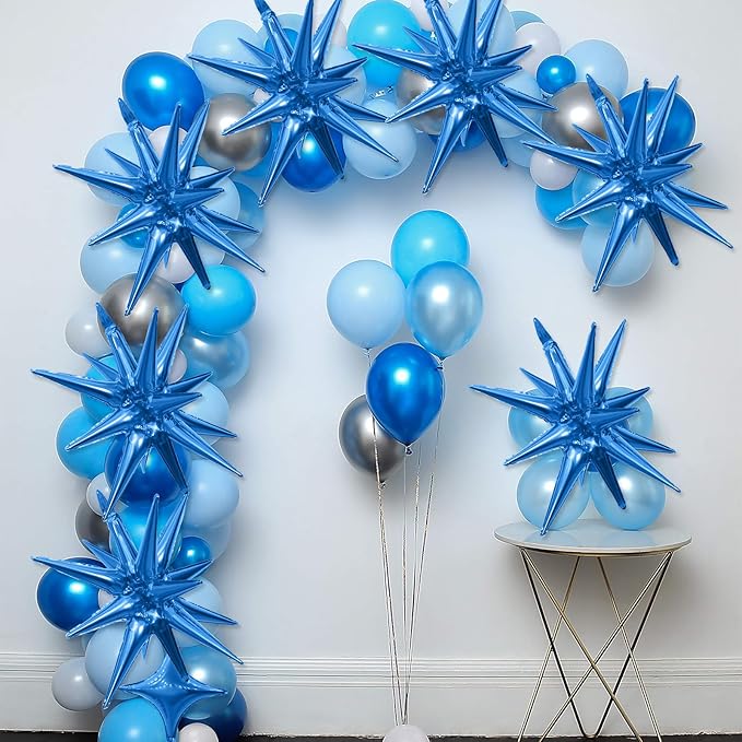 Blue Star Balloons,9Pcs 22Inch Blue Explosion Spike Cone Helium Polyester Film Star Foil Balloons for Birthday Anniversary Baby Shower Wedding Disco Party Decorations