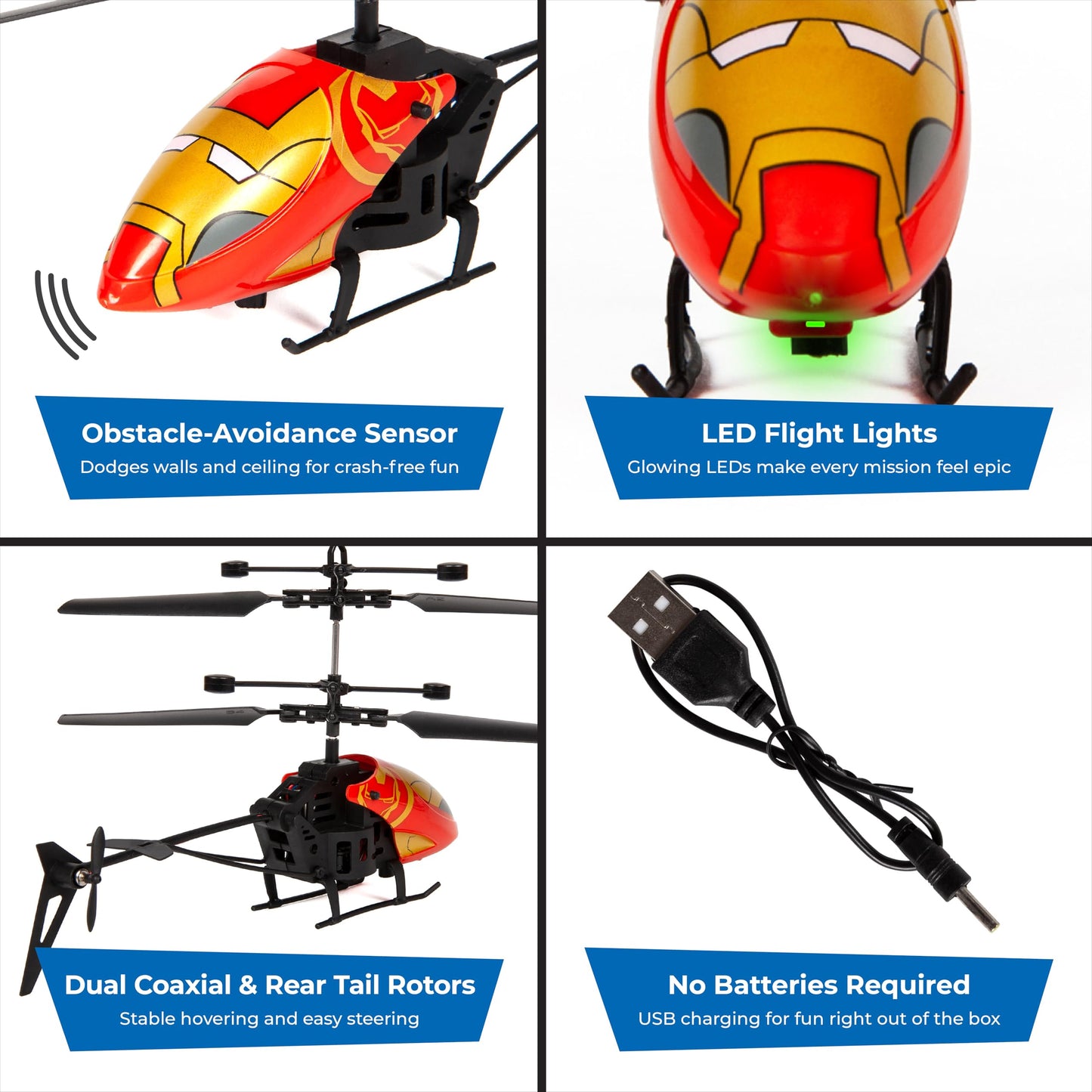 World Tech Toys Marvel Iron Man RC Helicopter – Easy‑Fly Remote Control Helicopter with LED Lights, Durable Body, Coaxial & Rear Rotors – Kids 8+