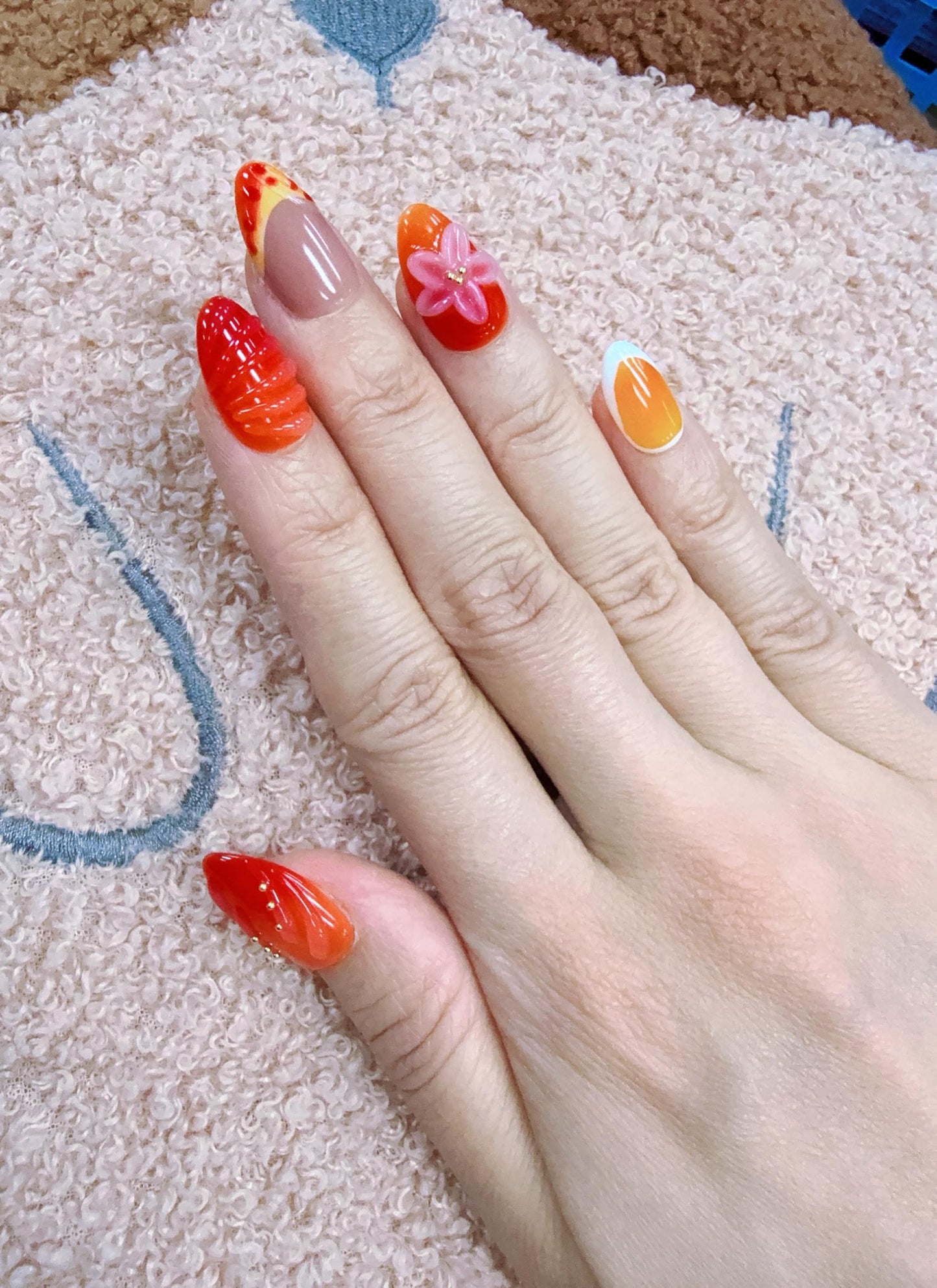10 Short Almond Handmade Press On Nails | 3D Floral Gradient Color with Cute Starfish & Seashell,New styles for Autumn & Winter | Skip Salon Trips, Easy to Apply & Remove, Reusable(25106, XS)