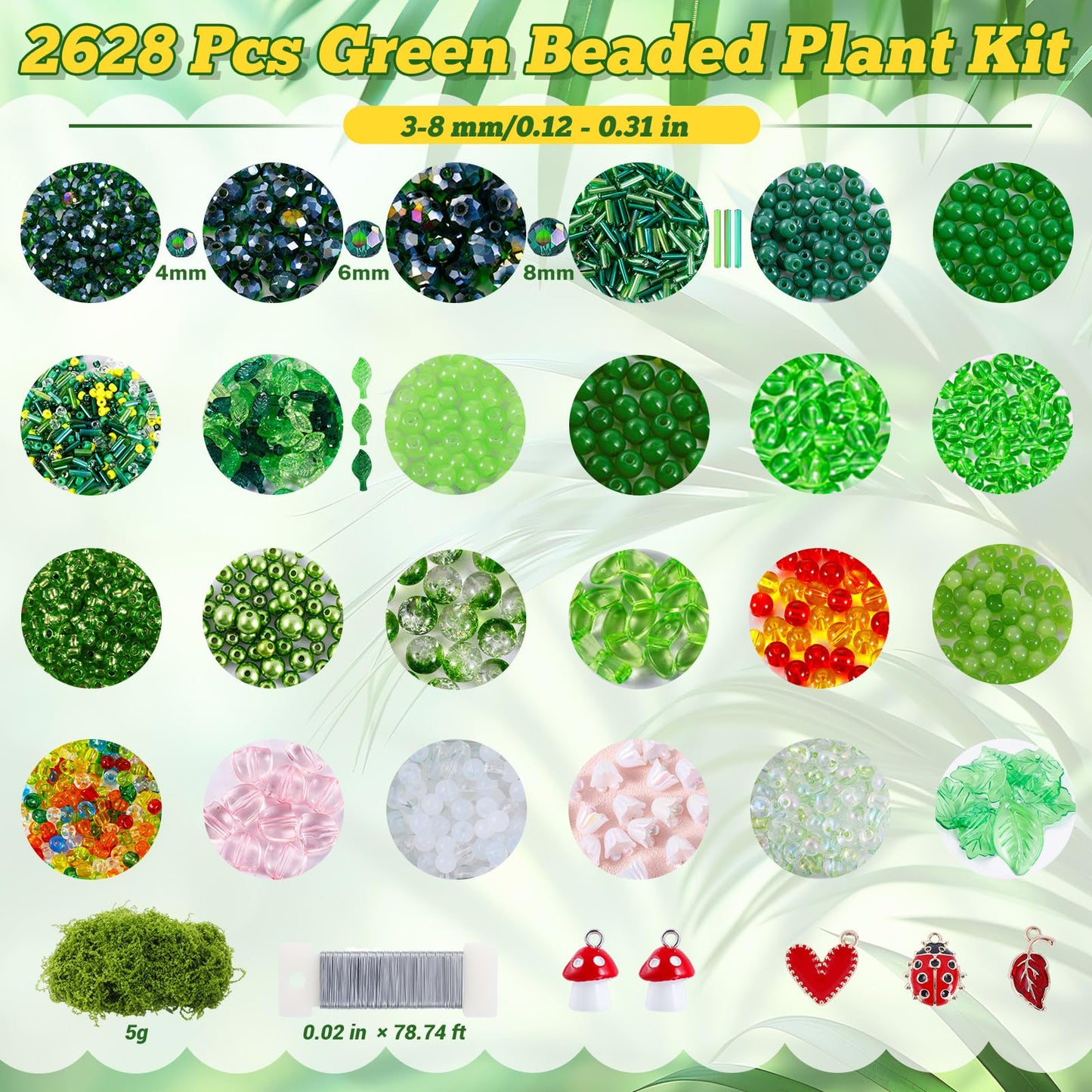 FOGWOWO 2628 Pcs Beaded Plant Kit Green Beads for Beaded Plants,Forever Plant Kit Green Glass Beads Plant Beads for Plants Making,Glass Leaf Bead for Jewelry Making DIY Crafts