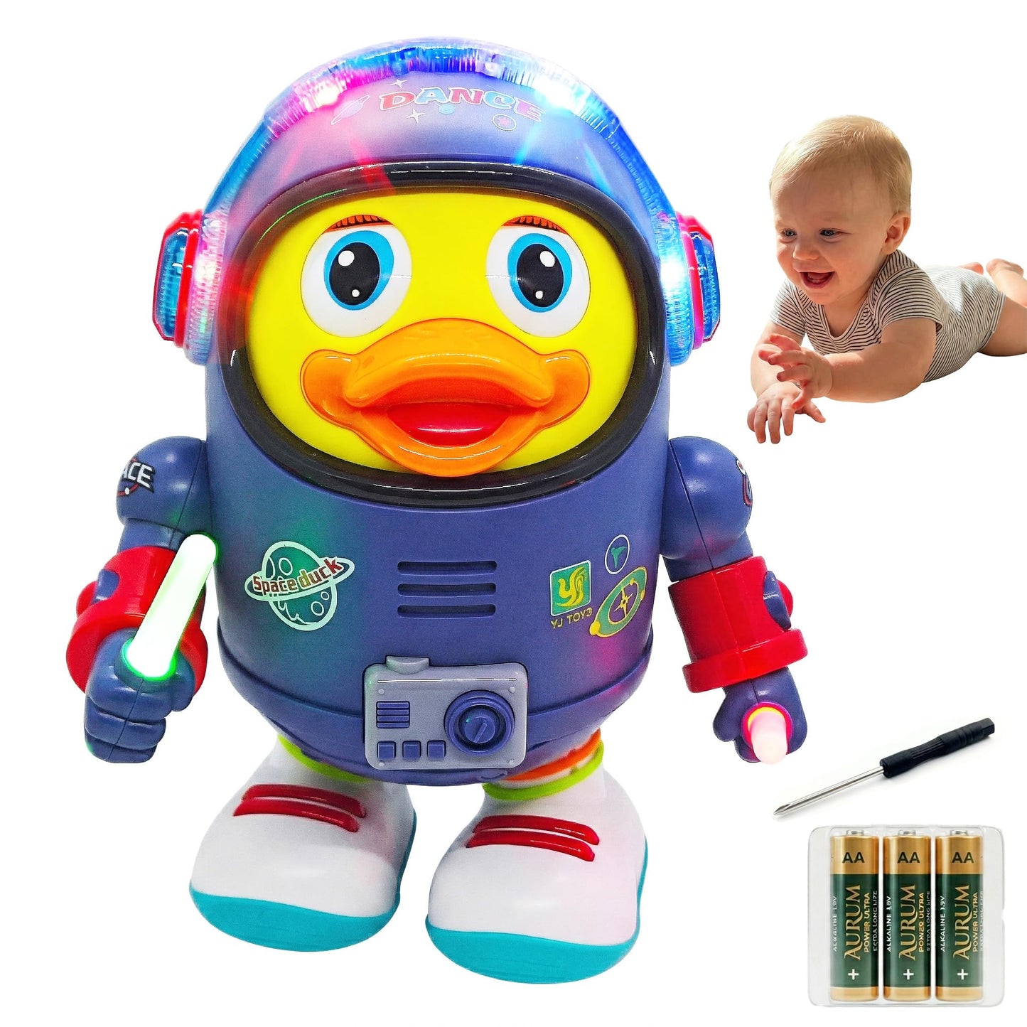 Musical Dancing Space Duck Toy, Walking Duck Robot with Lights & Sounds, Crawling Interaction & Tummy Time Toy for Babies Toddlers Birthday Gift (Blue)