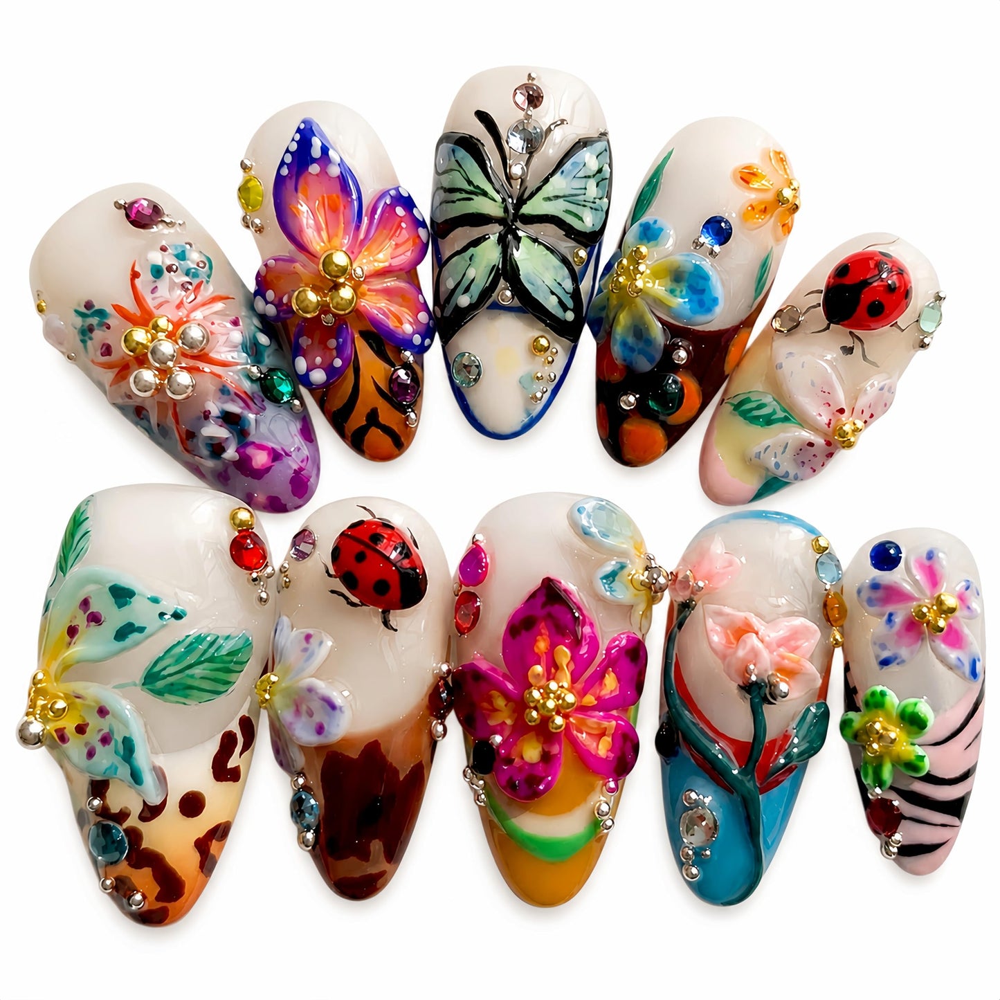 Handcrafted Press On Nails Italian Vacation Style Buttfly & Bugs 100% Handmade Realistic Artistic Fake Nails With Adhesive Glue Tabs And Tool Gifts For Women (Hand-Painted Butterfly,Medium M)