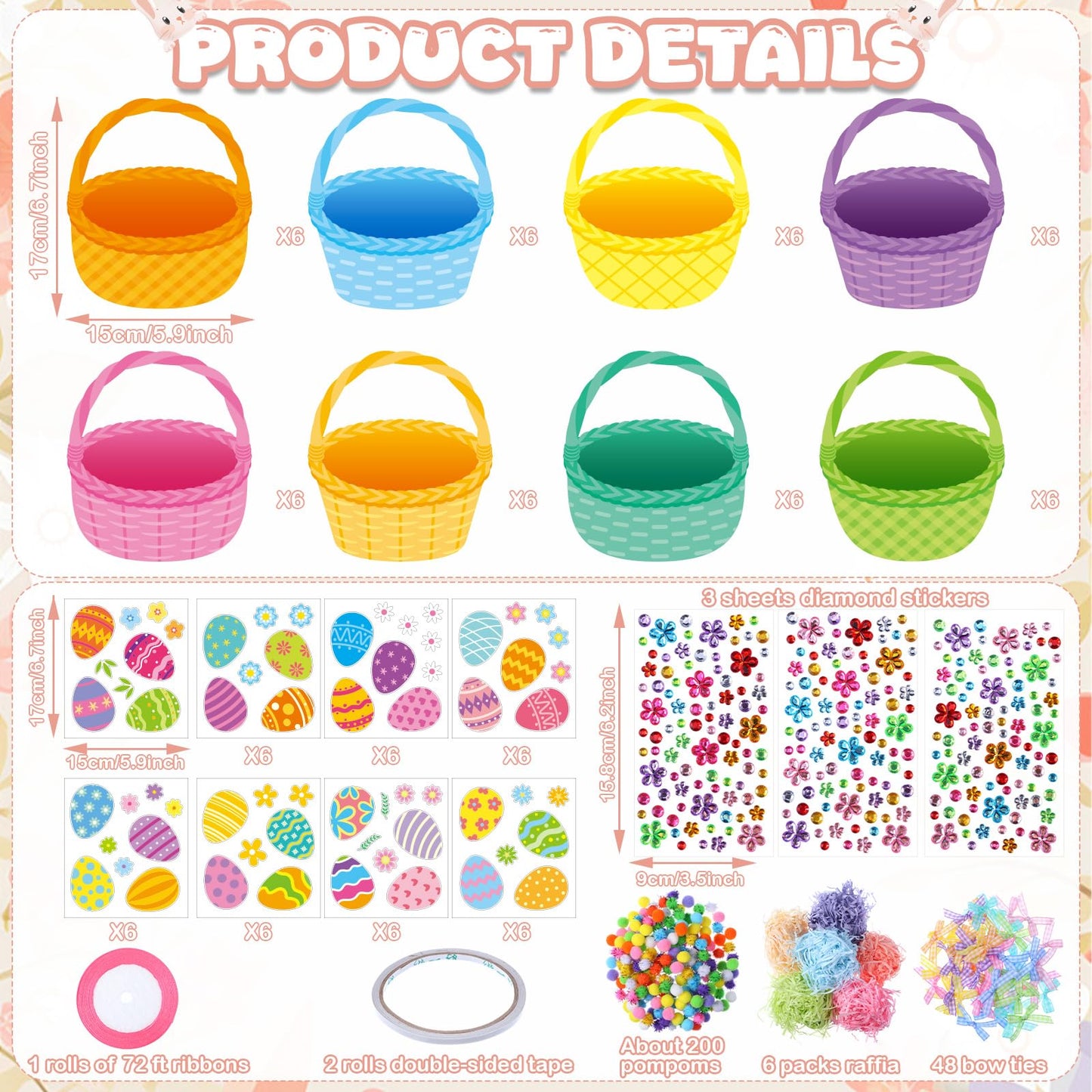 Funrous 48 Sets Easter Crafts Kit Easter Basket Egg Paper Crafts DIY Make Your Own Basket Hanging Ornaments Decorations with Pompoms Diamond Stickers Spring Classroom Activity Arts Gifts Party Favors