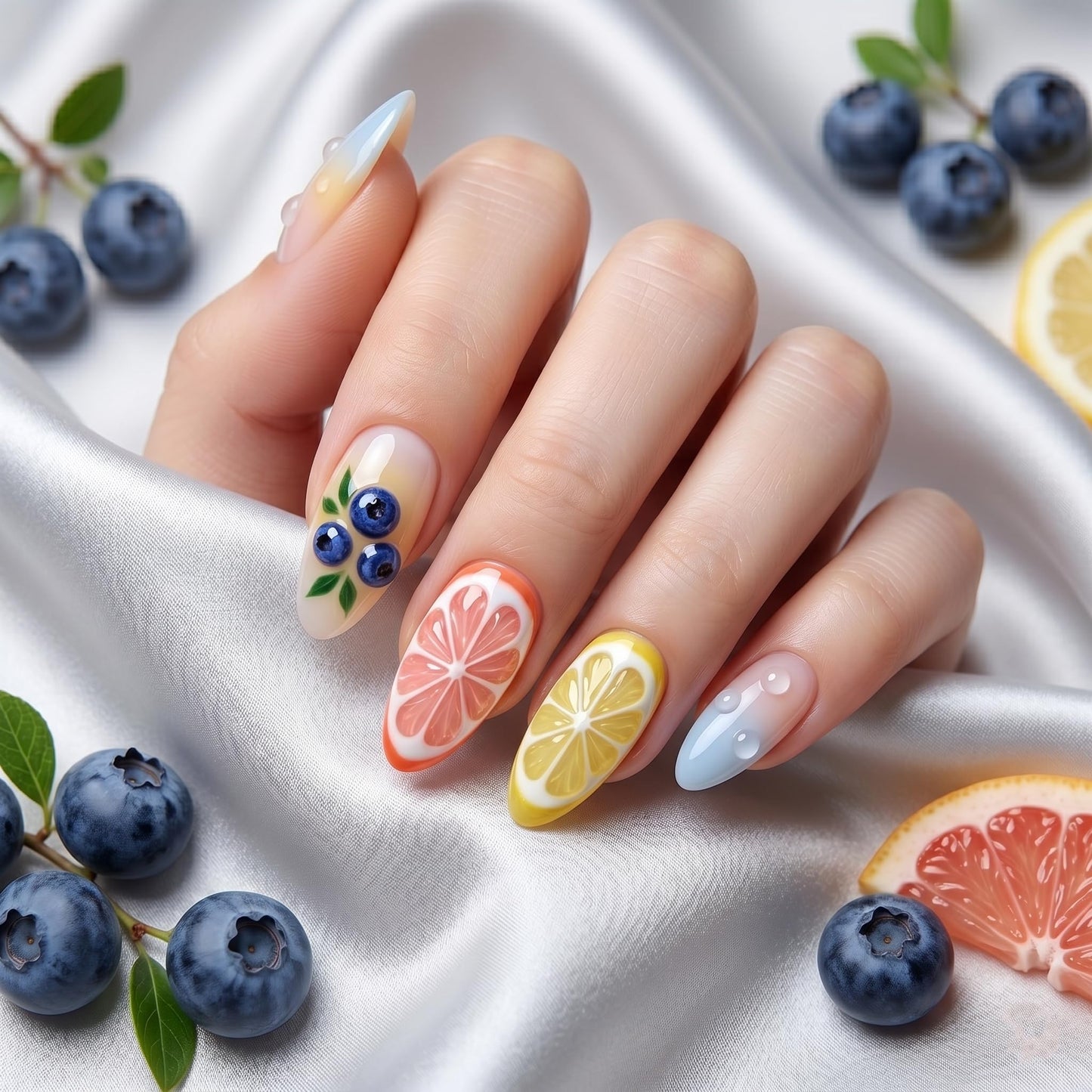Medium Press on Nails Almond Fake Nails Yellow Artificial Nail Blueberry Orange Slice Water Drop Fruit Floral Glossy Summer Design Stick on Nail for Women 30pcs